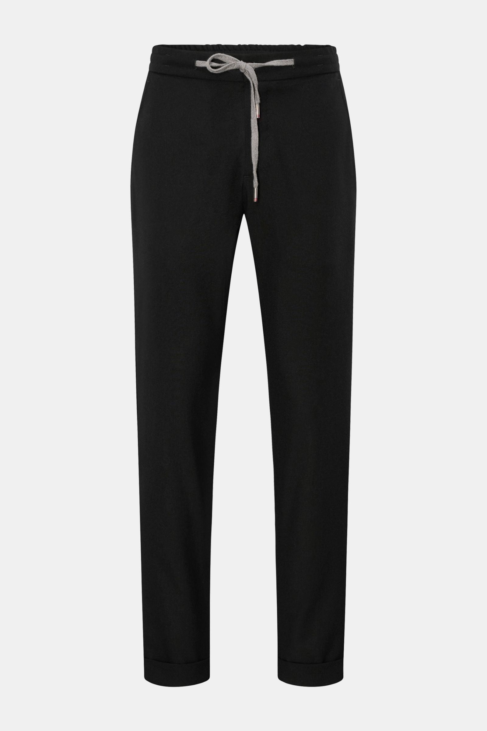 Marco Pescarolo Cashmere Jogpants 'Caracciolo' schwarz, frontal fotografiert, schmal zulaufend, elastischer Bund mit Tunnelzug, Reißverschluss, Bundknopf.