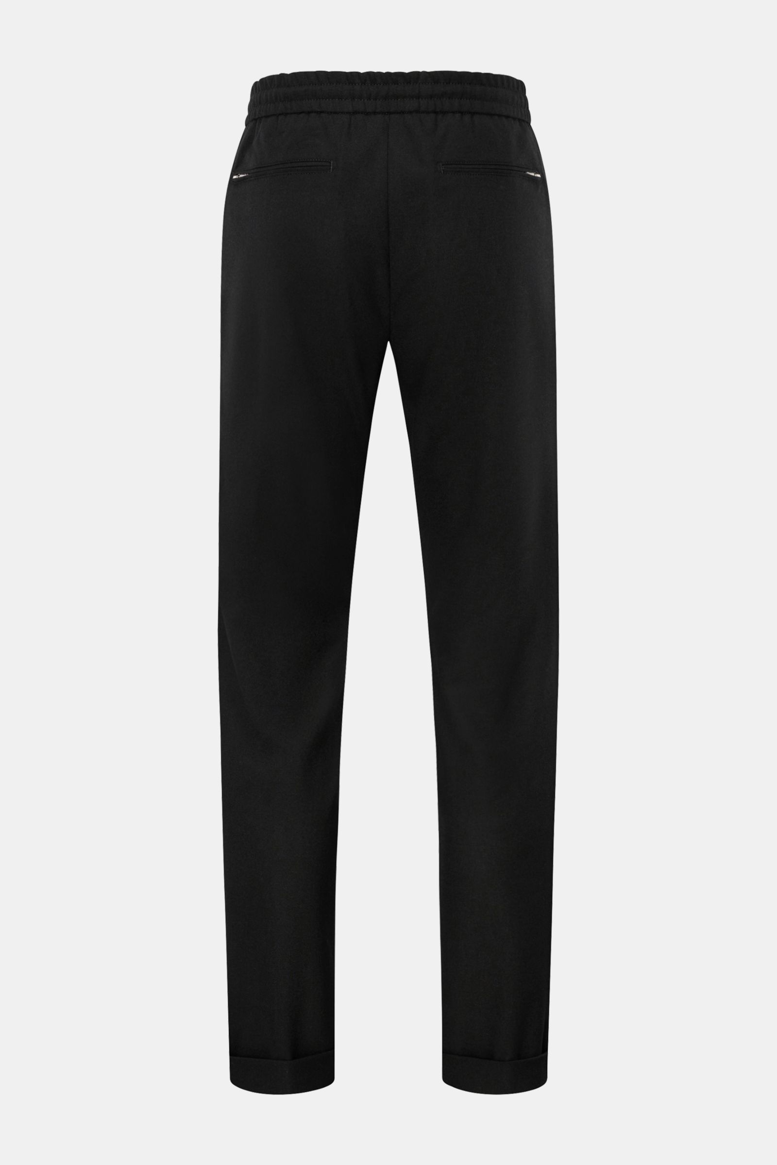 Marco Pescarolo Cashmere Jogpants 'Caracciolo' schwarz, Rückansicht, schmal zulaufend, elastischer Bund, französische Taschen, Zipper-Gesäßtaschen.