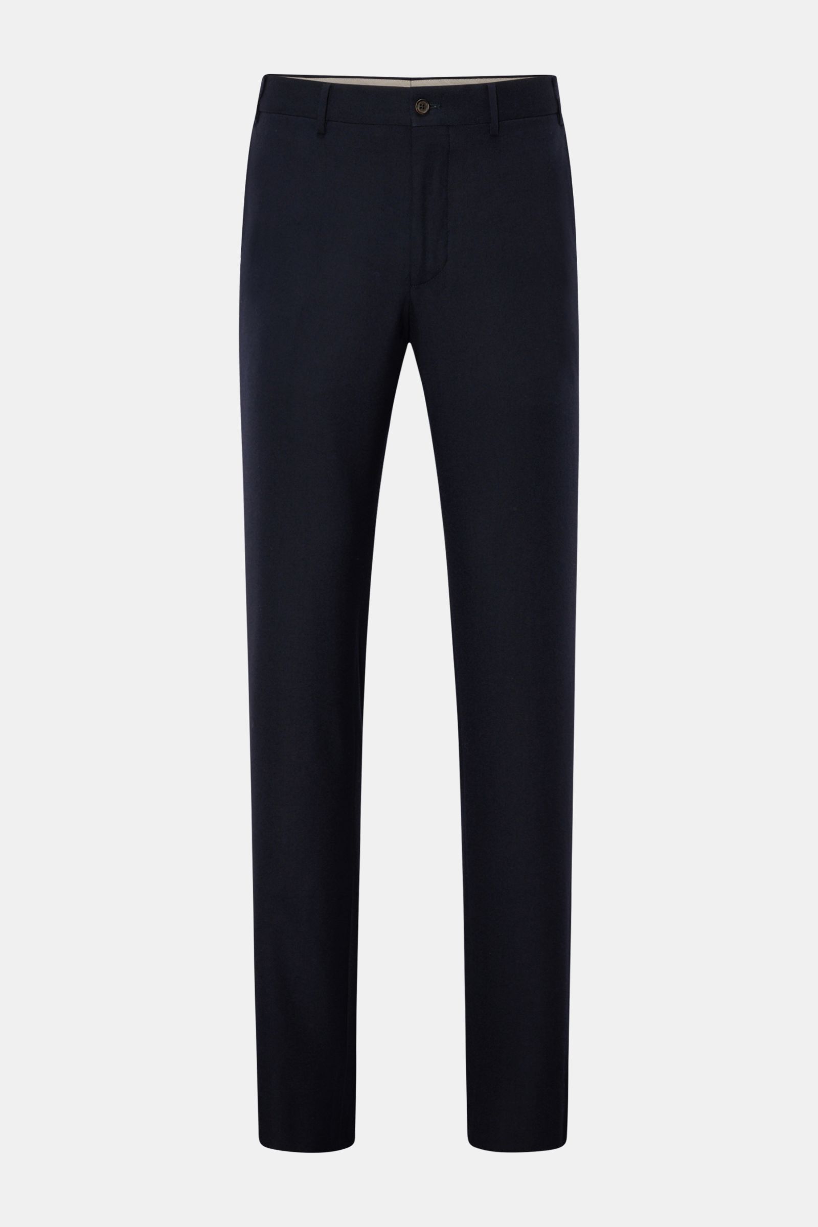 Front view of Corneliani Wollhose navy, slim fit, made of flannel from pure virgin wool, soft touch, slightly tapered, with zipper and waistband buttons, French pockets, and buttoned back pockets.