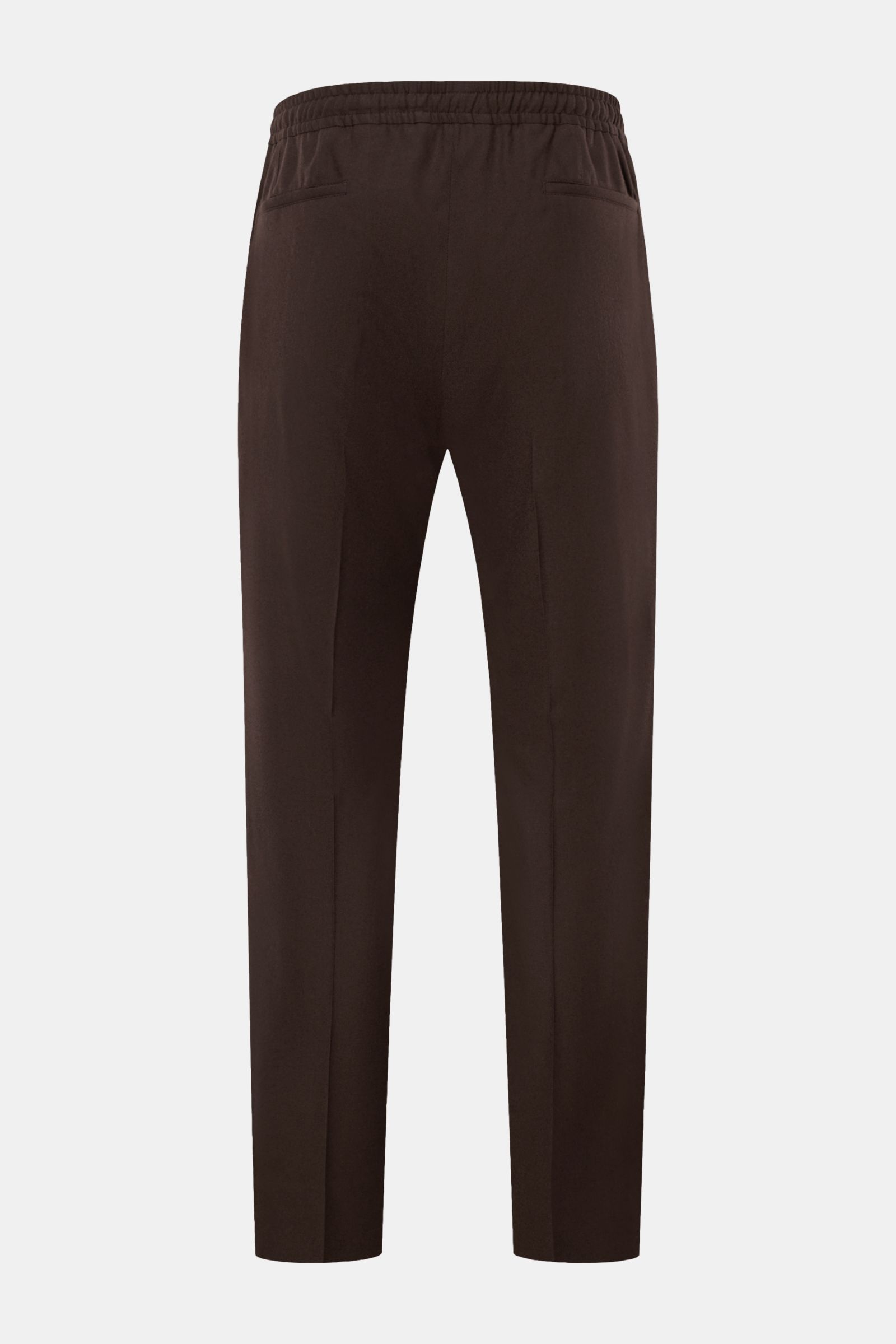 Corneliani Woll-Jogpants dunkelbraun, Rückansicht, reine Schurwolle, softer Griff, Regular Fit, leicht schmal zulaufend, Reißverschluss, Bundknopf, elastischer Bund mit Tunnelzug, schräge Leistentaschen vorne und Leistentaschen am Gesäß.