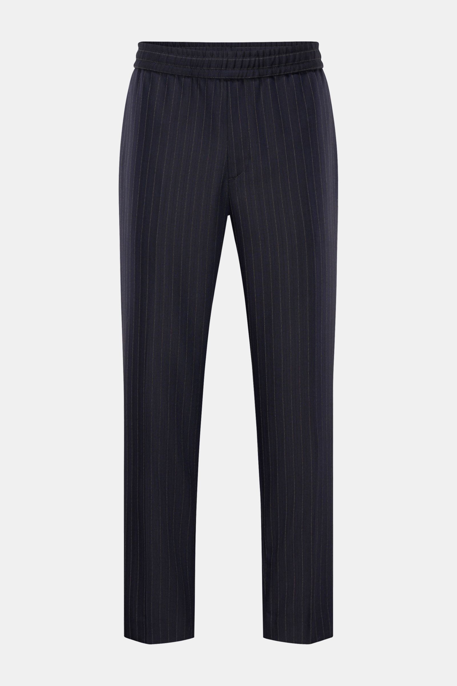 Golden Goose Woll-Jogpants navy/beige gestreift, frontale Ansicht, Tapered Fit, elastischer Bund, Nadelstreifen, Zip Fly, französische und geknöpfte Gesäßtaschen.