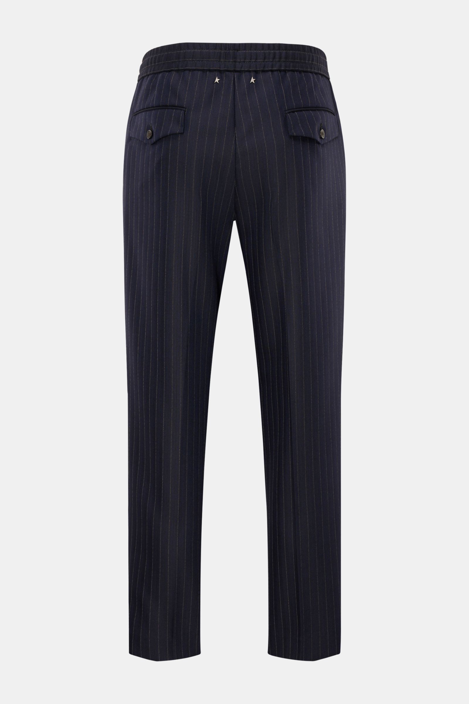 Golden Goose Woll-Jogpants navy/beige gestreift, Rückansicht, elastische Schurwolle, Nadelstreifen, Zip Fly, französische Taschen, geknöpfte Gesäßtaschen.