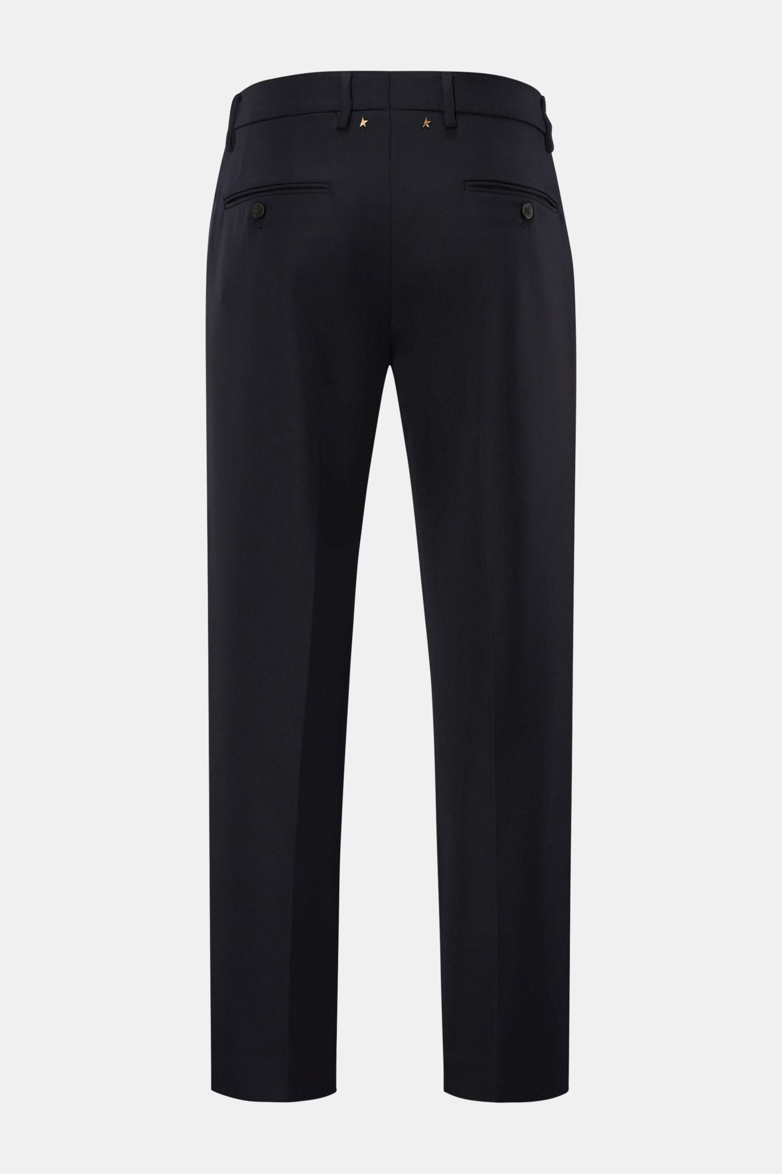 Golden Goose Hose dark navy, Rückansicht, schmal zulaufend, aus Schurwolle-Microfaser-Mix, mit Bundknopf, Reißverschluss, Nieten-Detail am Bund, französische Taschen.
