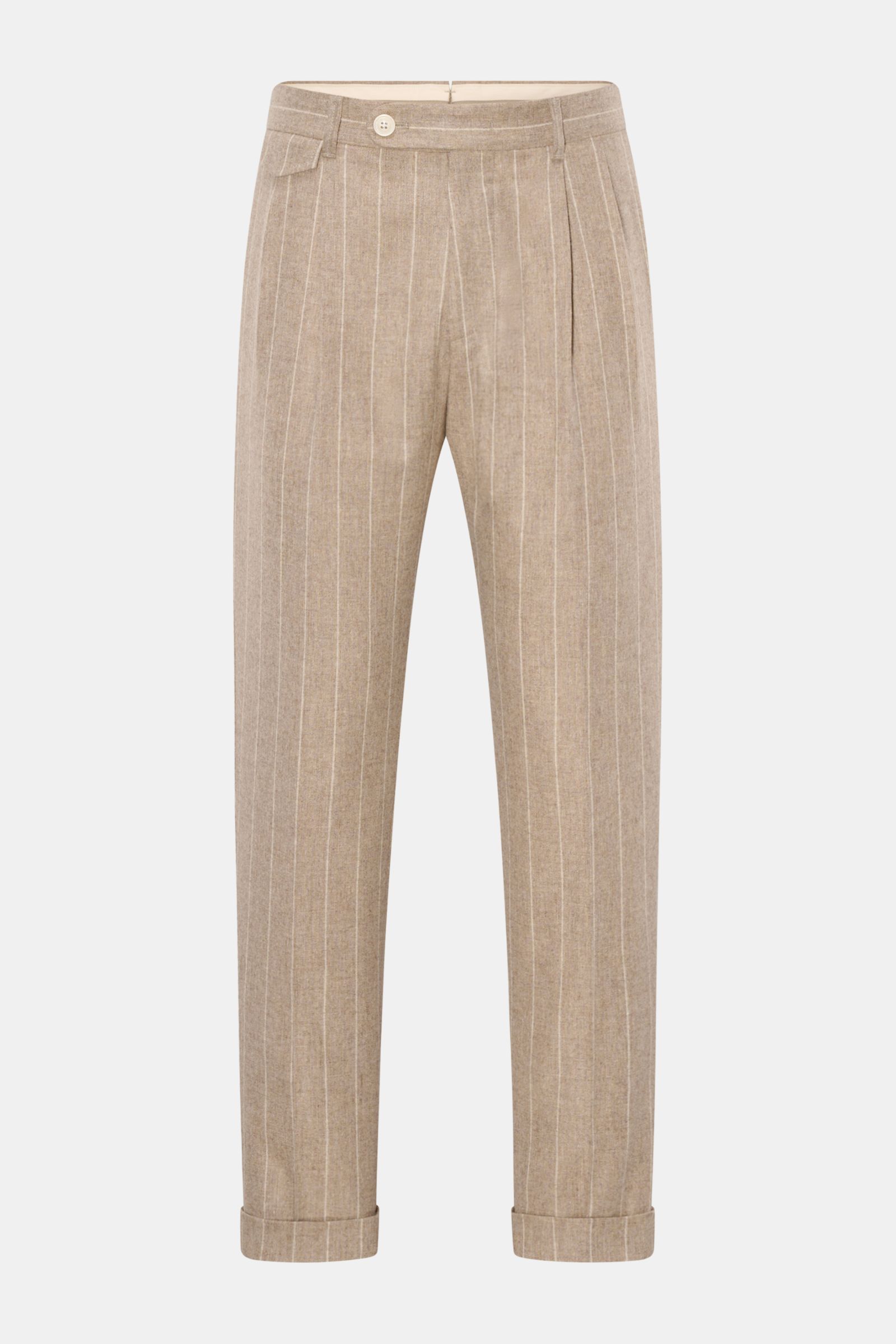 Front view of Windsor Hose 'Sapo' beige gestreift, a cropped tapered wool trousers with chalk stripes, watch pocket, soft mix of wool, cashmere, microfiber, slight stretch, regular thigh width, ankle length, zipper, buttoned waistband, French pockets, dou