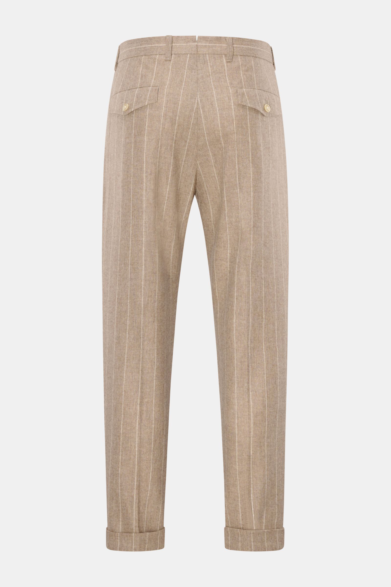 Windsor Hose 'Sapo' beige gestreift shown from the back, featuring chalk stripes, tapered fit, cropped length, wool-cashmere blend, buttoned back pockets, and fixed hem cuffs.