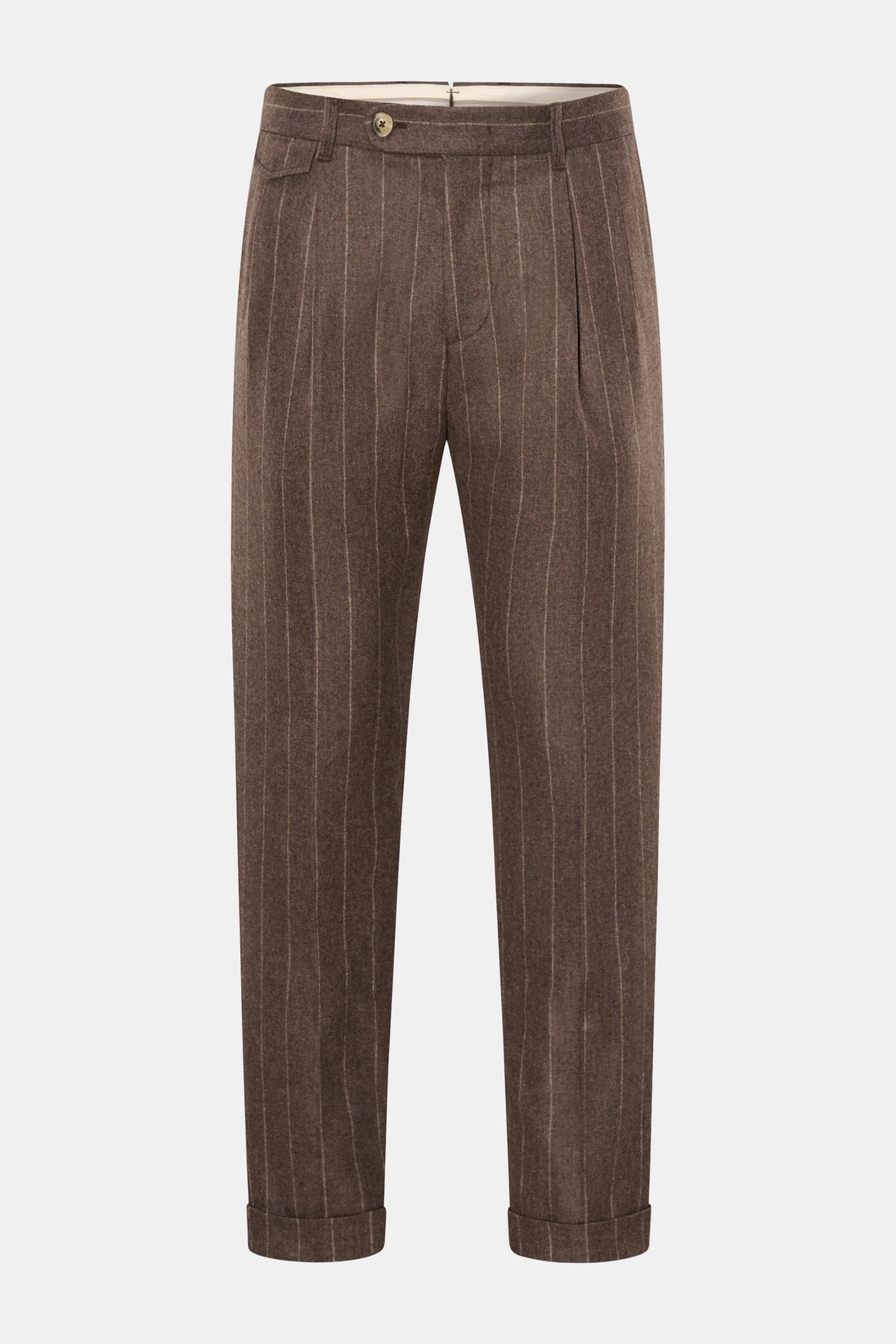 Front view of Windsor Hose 'Sapo' graubraun gestreift, a tapered, cropped wool blend trouser with chalk stripes, watch pocket, cuffed hems, zip and button closure, French pockets, double pleats, and buttoned back pockets. Soft, stretchy fabric mix of wool
