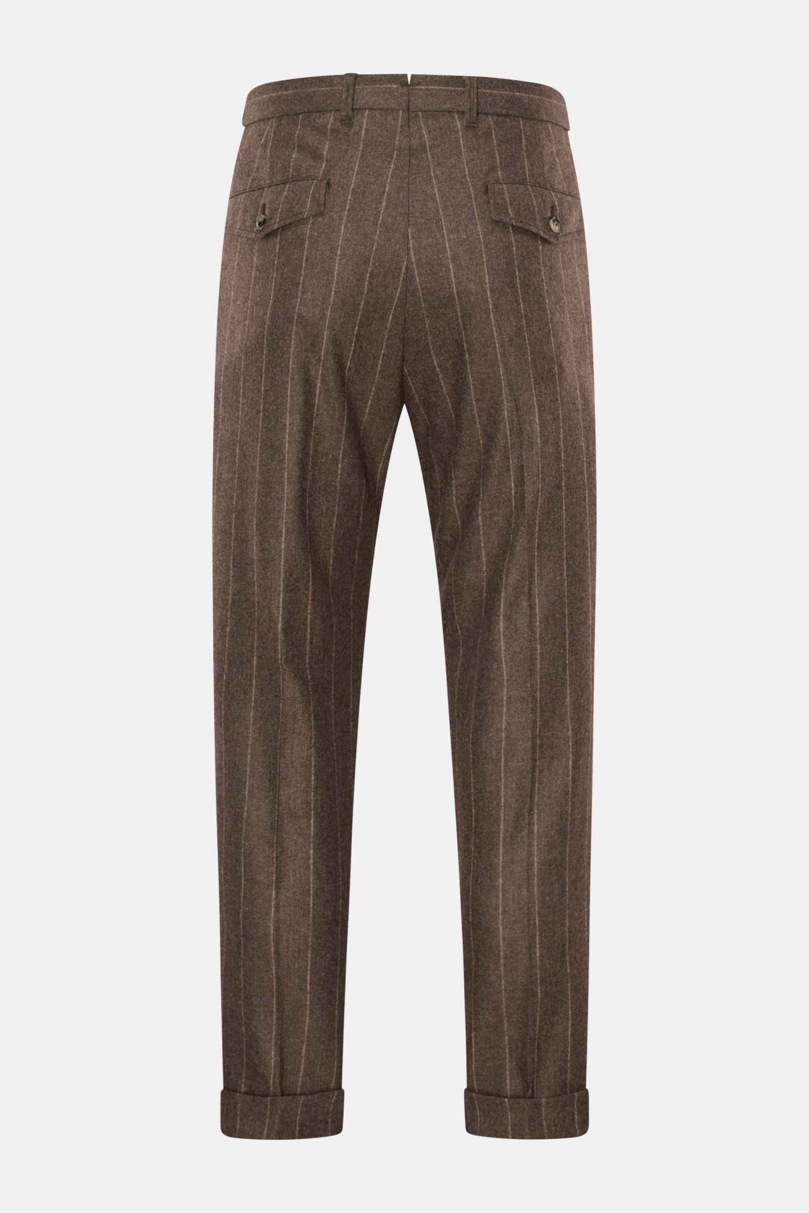 Windsor Hose 'Sapo' graubraun gestreift shown from the back, featuring chalk stripes, tapered fit, ankle length, double pleats, and buttoned back pockets.