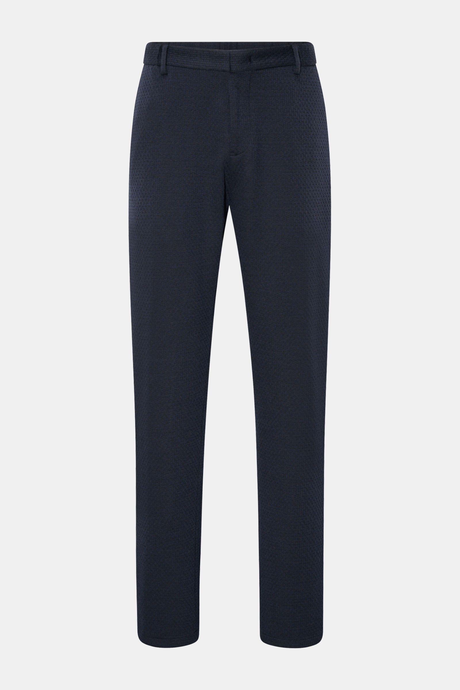 Emporio Armani Jersey-Jogpants navy, frontale Ansicht, Mix aus Microfaser, Wolle, Viskose, elastisch, Strukturjersey, Regular Fit, leicht schmal, elastischer Bund, Reißverschluss, Bundhaken, französische Taschen, Leistentaschen.