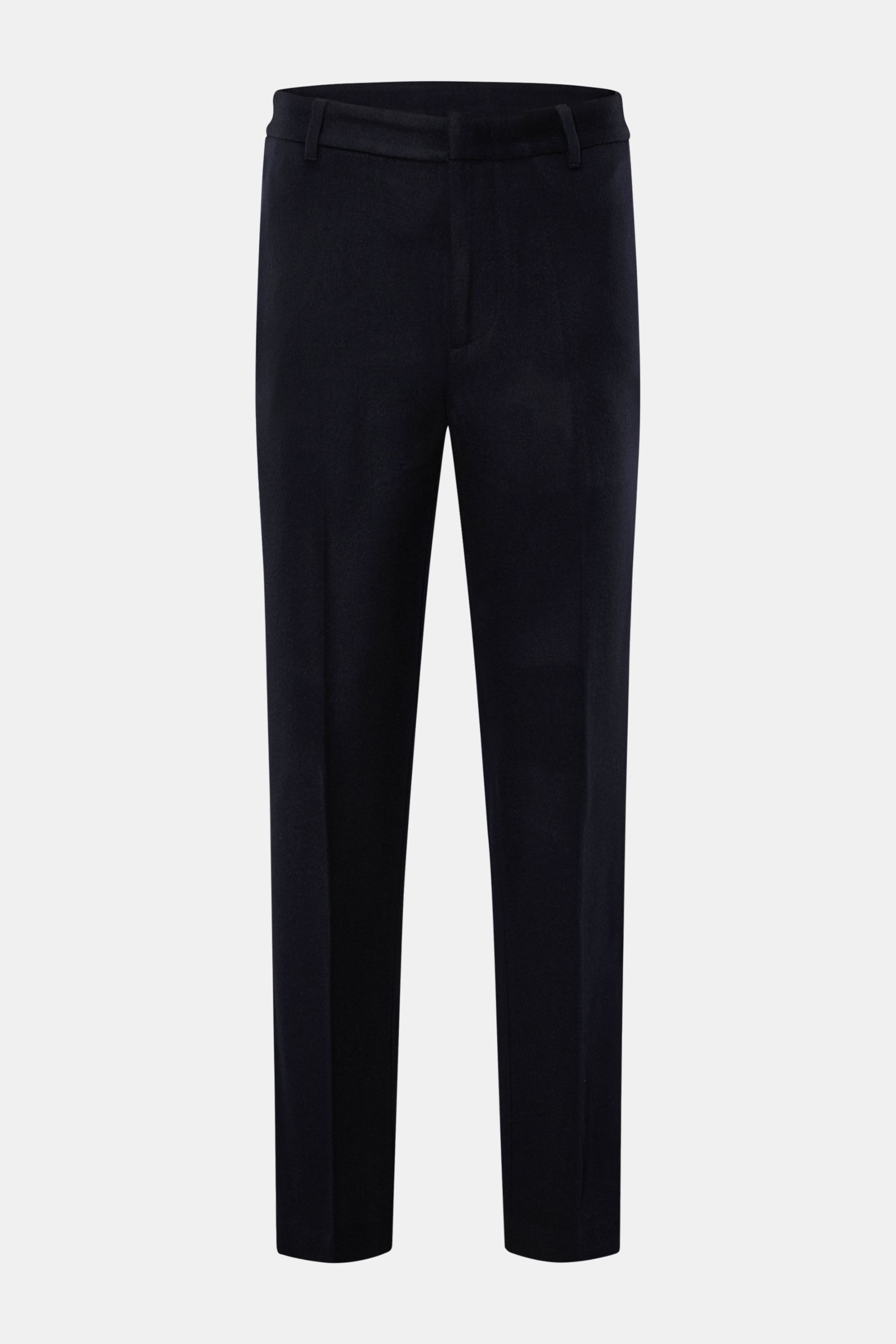 Front view of Emporio Armani Hose navy, made from a mix of Schurwolle and Cashmere, very soft grip, light quality, Regular Fit, slightly tapered, with zipper and hook closure, French pockets, and welted back pockets.