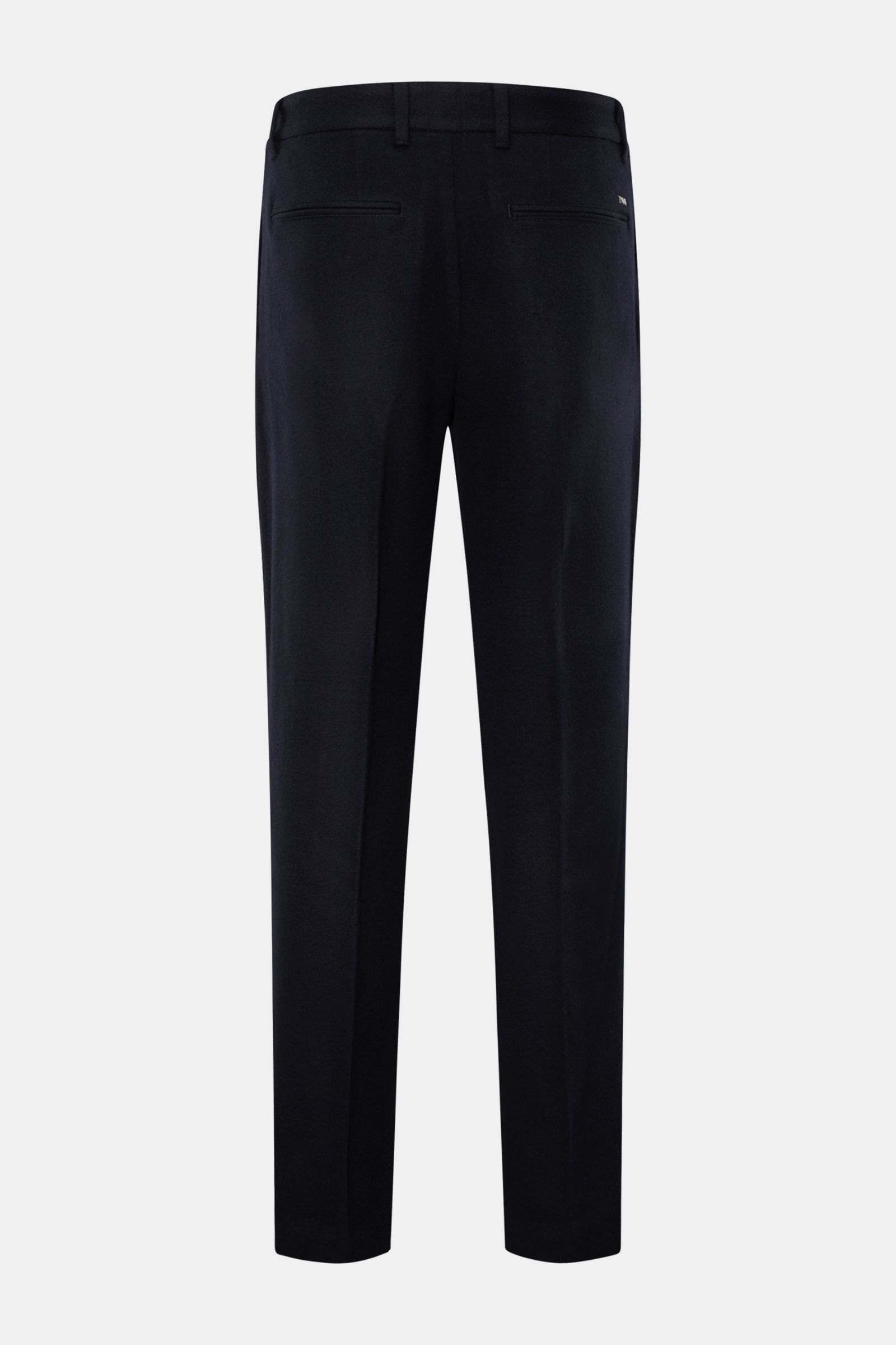 Emporio Armani Hose navy shown from the back, Regular Fit, mix of Schurwolle and Cashmere, very soft, light quality, slightly tapered, zipper and hook closure, French pockets, welt back pockets.