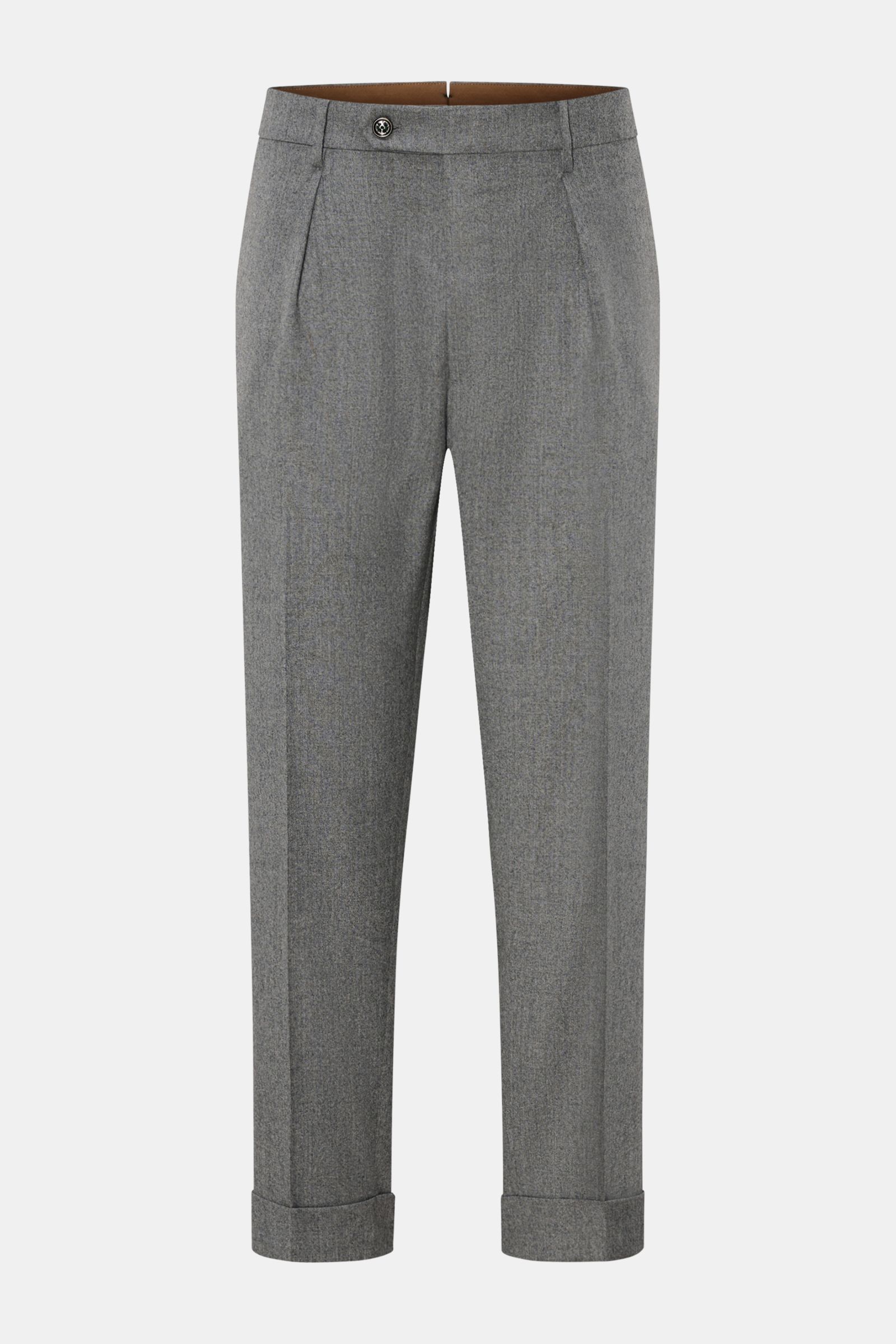 Berwich Wollhose 'Chiaia' grau meliert, frontal fotografiert, aus reiner Schurwolle, Tapered Fit, knöchellang, mit Bundknöpfen und Leistentaschen.