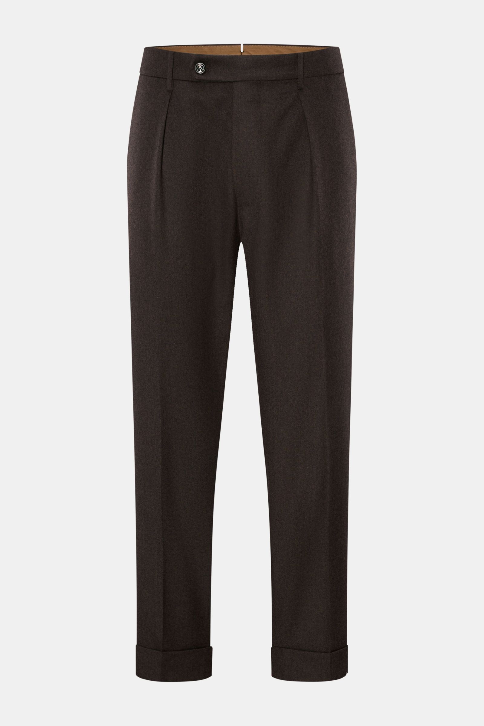 Berwich Wool trousers 'Chiaia' dark brown shown front view, pure virgin wool, tapered fit, ankle length with fixed hem turn-up and pockets.
