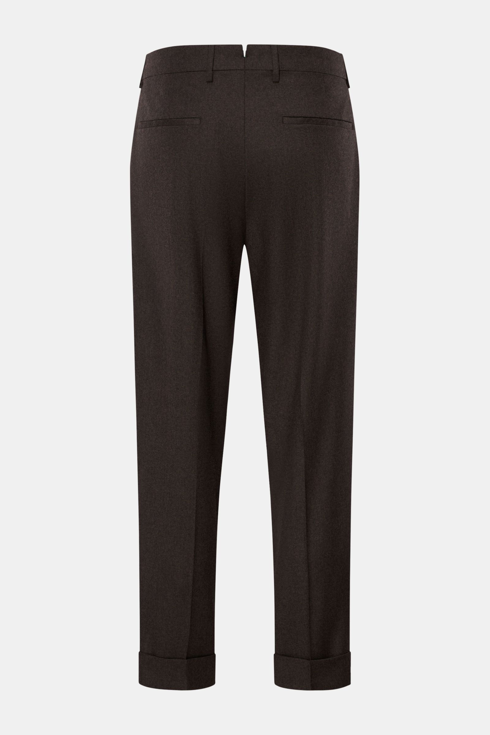 Berwich Wool trousers 'Chiaia' dark brown shown from the back, ankle length with fixed hem turn-up, side and hip pockets, tapered fit, pure virgin wool. 

The wool trousers 'Chiaia' by BERWICH give expression to traditional Italian tailoring with a mod