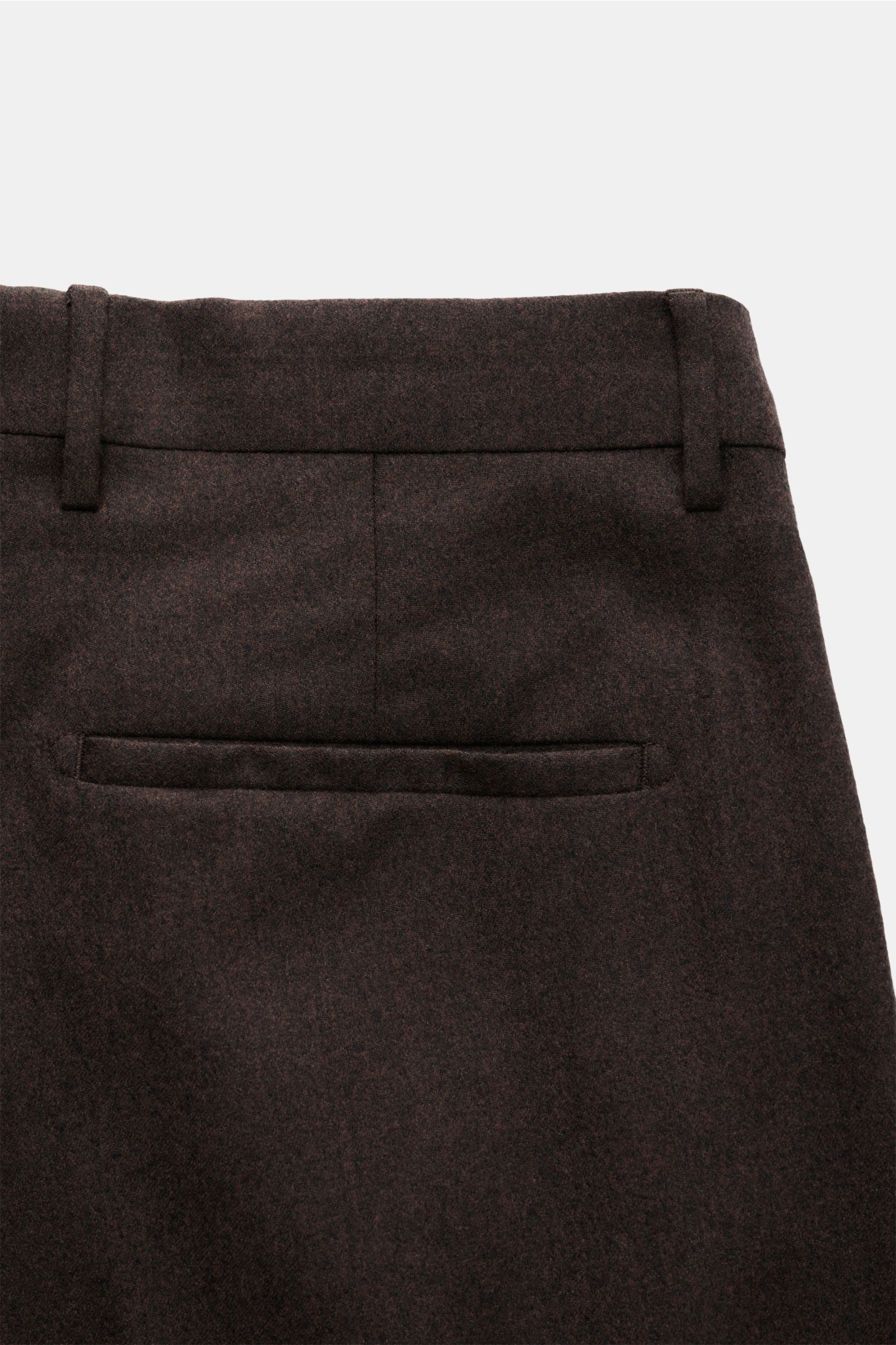 Berwich Wool trousers 'Chiaia' dark brown shown from the back waist area, featuring pure virgin wool, soft feel, tapered fit, regular thigh, ankle length, zip and waist buttons, extended buttoned tab, simple pleats, side seam pockets, hip pockets on seat,