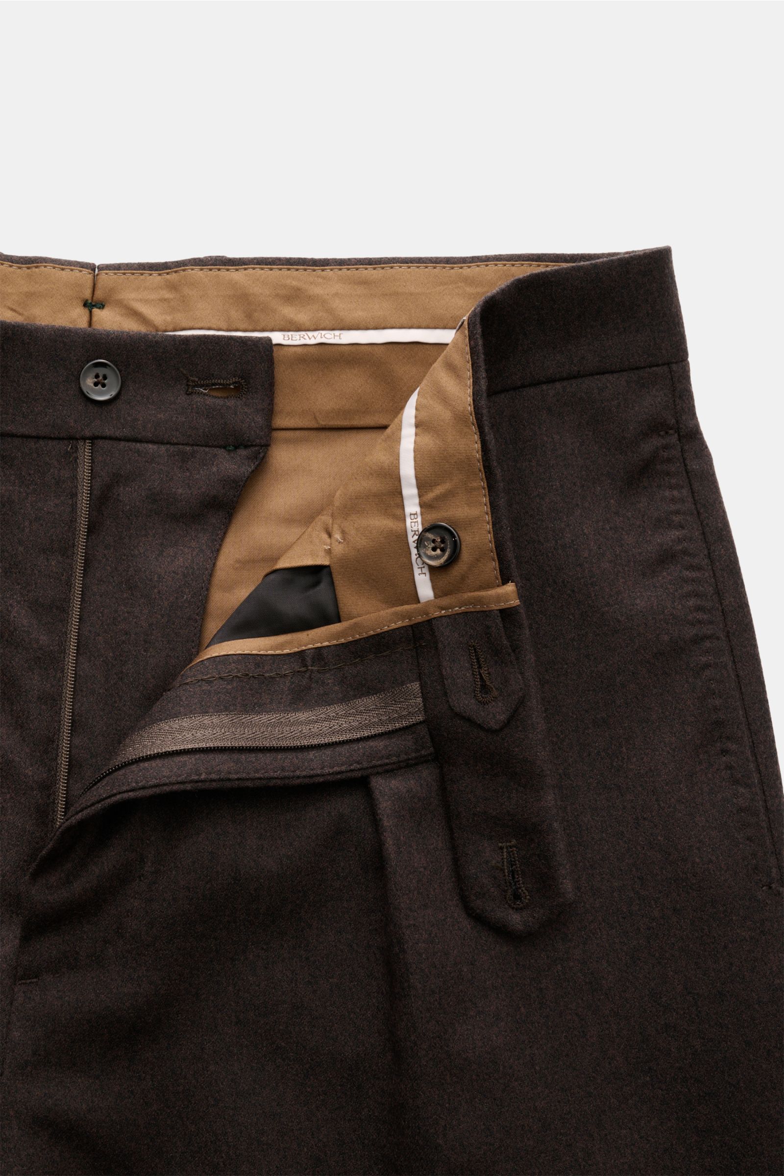 Berwich Wool trousers 'Chiaia' dark brown shown from front close-up with open zip, waist buttons, extended tab, pure virgin wool, tapered fit, soft feel.
