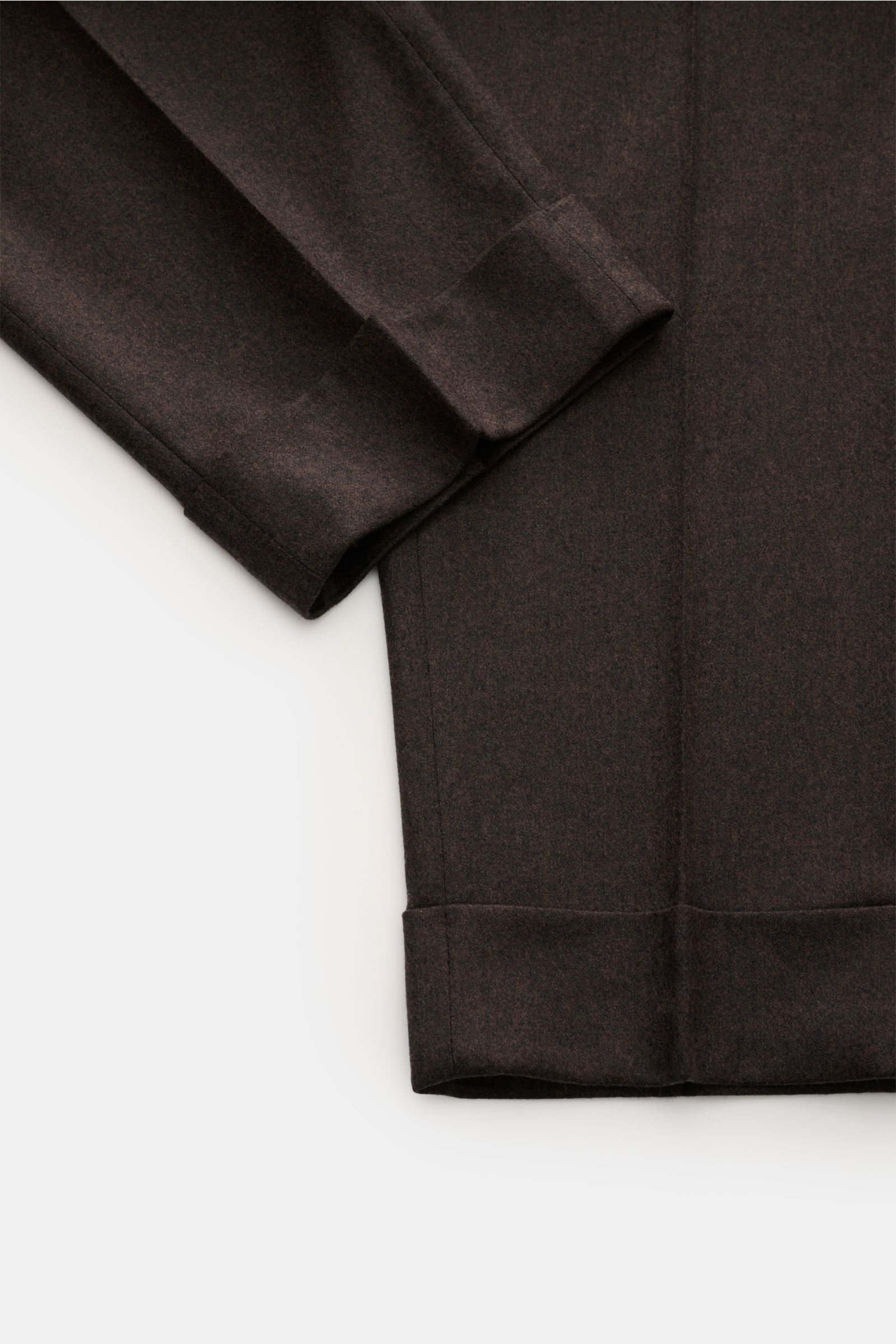 Berwich Wool trousers 'Chiaia' dark brown shown from a close-up side perspective, highlighting pure virgin wool, soft feel, tapered fit, regular thigh, ankle length, very tapered cut, zip and waist buttons, extended buttoned tab, simple pleats, side seam 