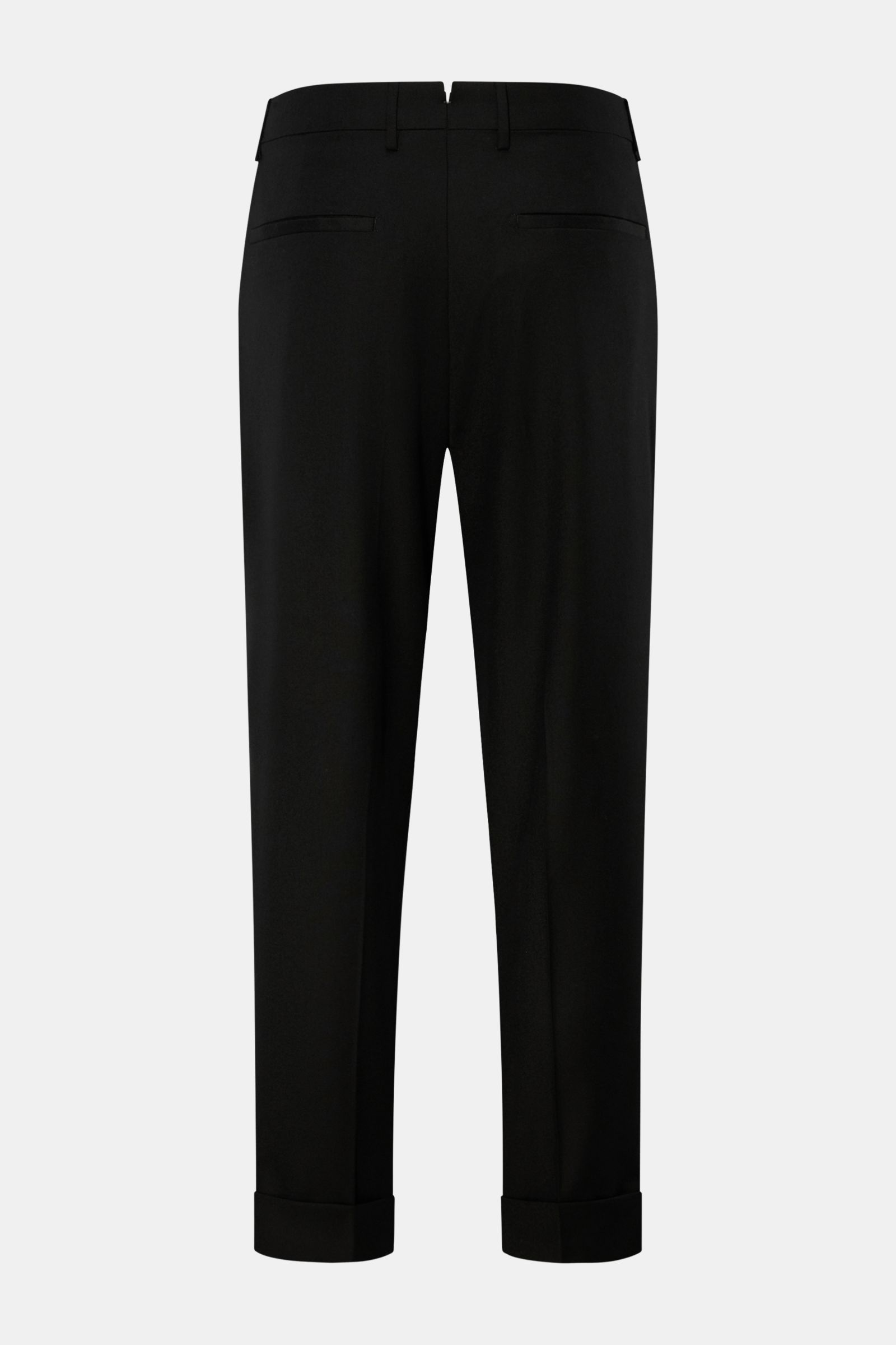 Rear view of Berwich Wool trousers 'Chiaia' black, tapered wool trousers with soft feel, regular thigh, ankle length, side and hip pockets, fixed hem turn-up, zip and waist buttons. 

The wool trousers 'Chiaia' by BERWICH give expression to traditional