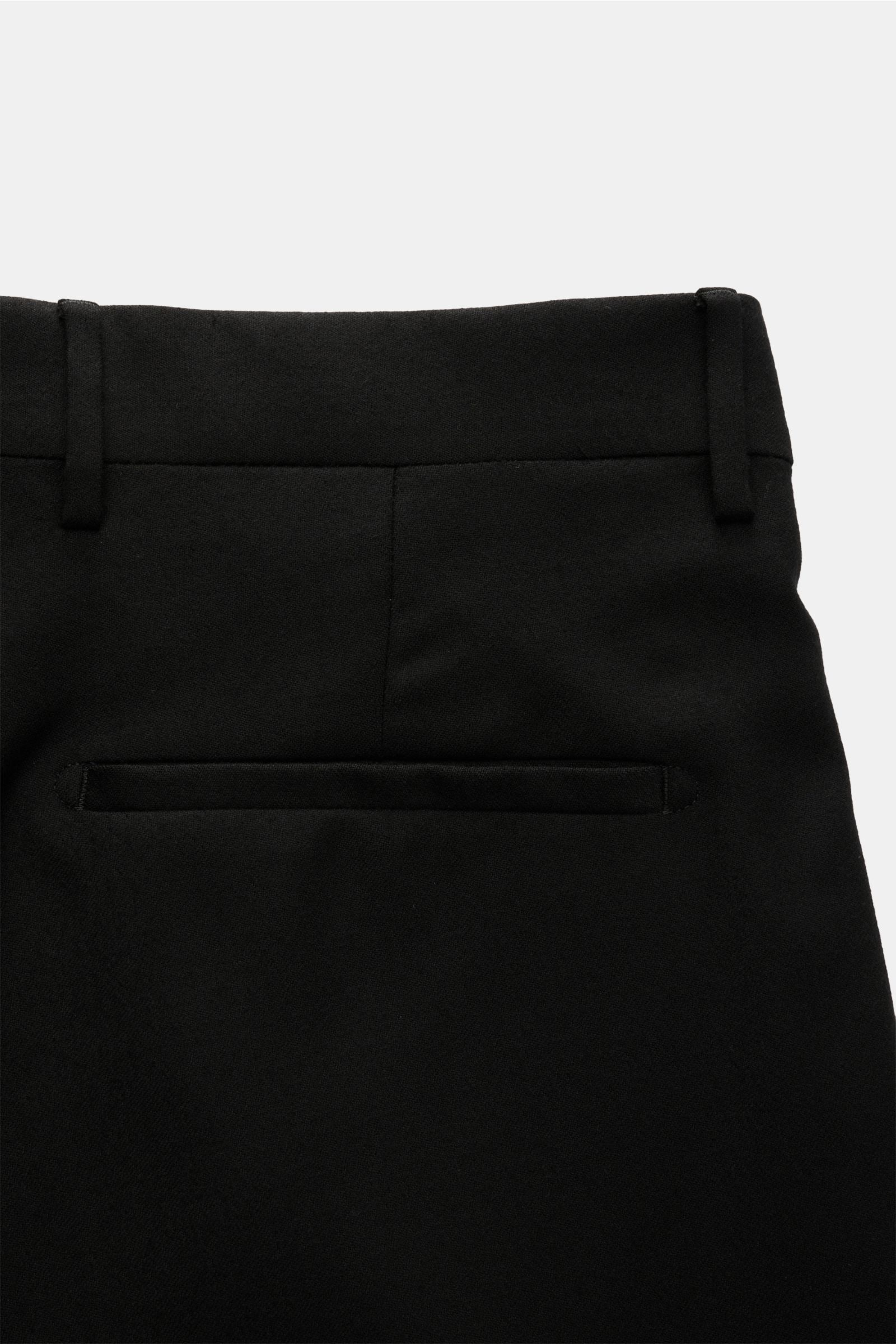 Berwich Wool trousers 'Chiaia' black shown from the rear upper section, highlighting pure virgin wool, soft feel, tapered fit, regular thigh width, ankle length, zip and waist buttons, extended buttoned tab, simple pleats, side seam pockets, hip pockets o