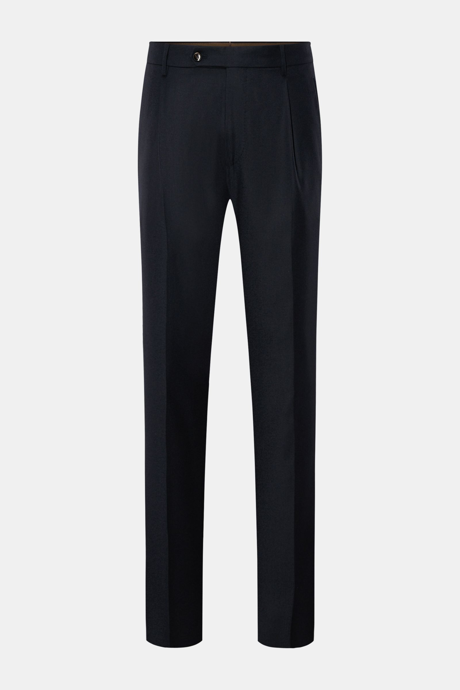 Front view of Berwich Wollhose 'Retro Long' dark navy slim fit wool pants with single pleat, zipper, button closure, and French welt pockets; made in Italy with a wool-cashmere blend, soft touch, slight stretch, tapered leg, extended button tab, buttoned 