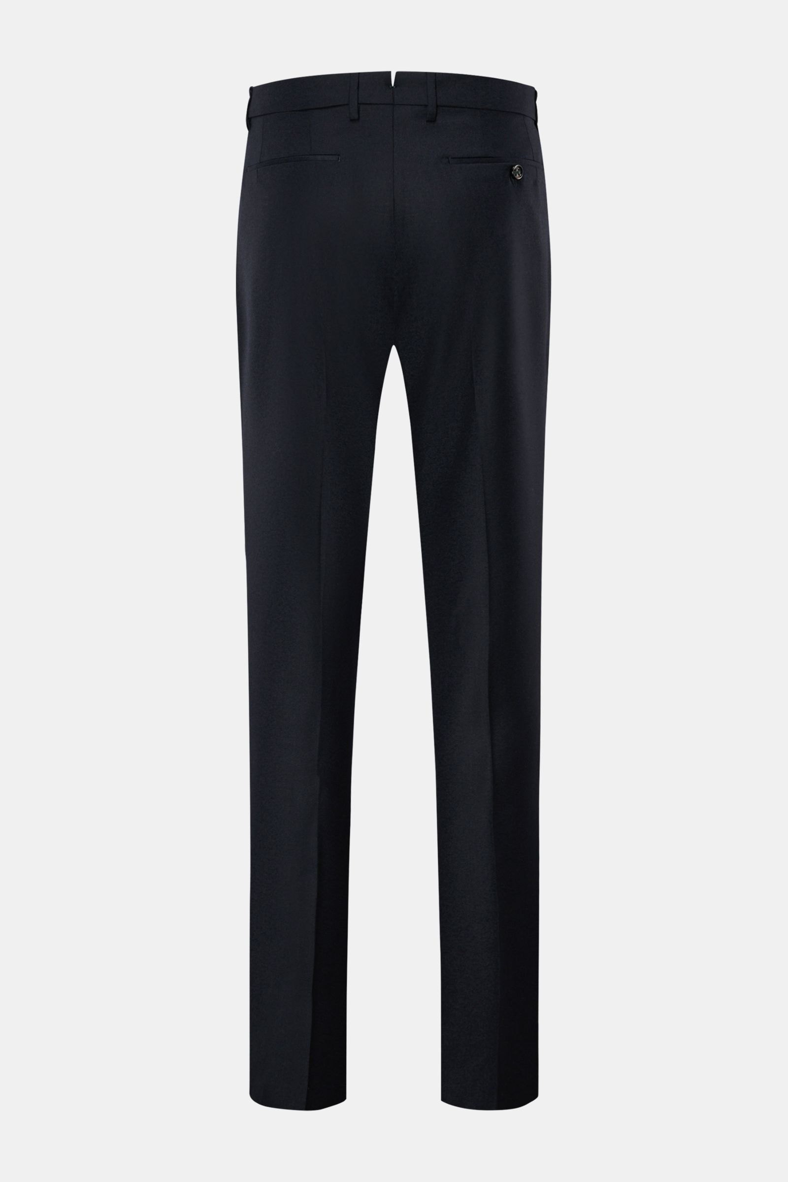 Berwich Wollhose 'Retro Long' dark navy shown from the back, slim fit wool pants with cashmere blend, waistband, single pleat, buttoned back pockets, and French welt pockets, crafted in Italy for an elegant, modern look. 

Die Hose 'Retro Long' aus fei