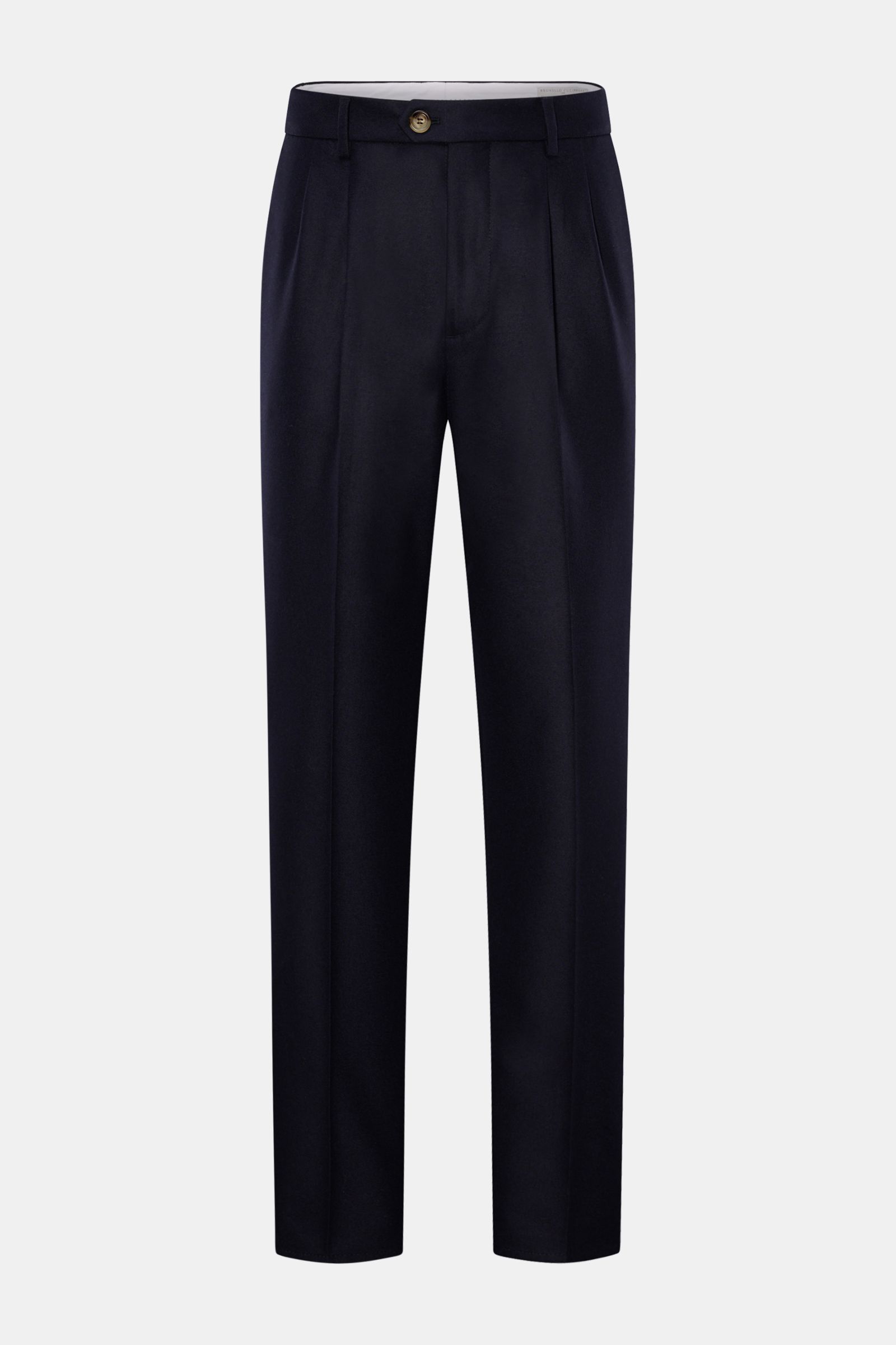 Brunello Cucinelli Wollhose navy, frontale Ansicht, Regular Fit, reine Wolle, weicher Griff, Bundknopf, Reißverschluss, doppelte Bundfalte, französische Taschen, Leistentaschen am Gesäß.