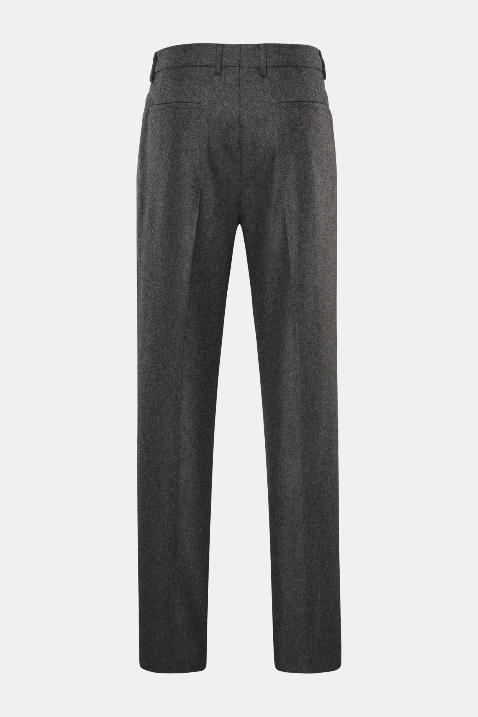 Brunello Cucinelli Wollhose dunkelgrau shown from the back in a studio setting, made of pure wool with soft touch, regular fit, slightly tapered, zipper and button, double waistband pleat, French pockets, and welt pockets. An essential piece for stylish o