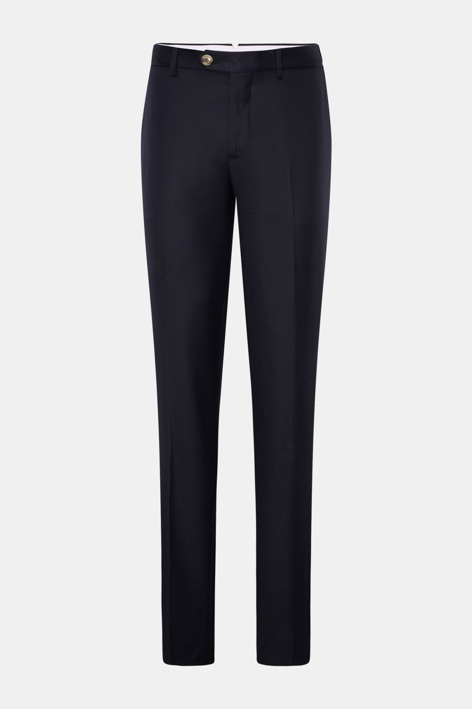 Front view of Brunello Cucinelli Wollhose 'Italian Fit' navy, a classic wool trouser in regular fit with fine twill, soft touch, zipper, button closure, French pockets, watch pocket, and buttoned back pockets.