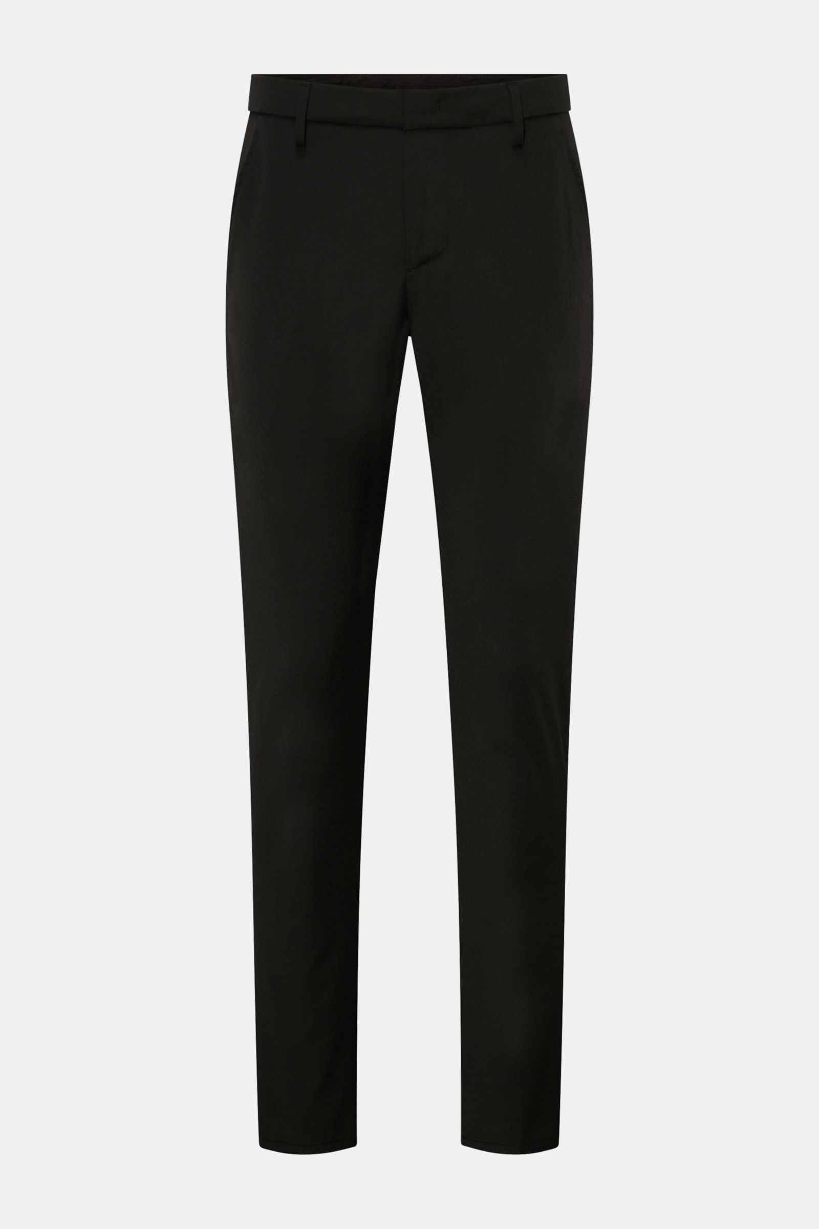 Dondup Hose 'Gaubert' schwarz, Slim Fit mit schmal geschnittener Wade, aus Microfaser-Wolle-Viskose, Reißverschluss, Slide Button, Taschen, Metall-Initial, frontale Ansicht.