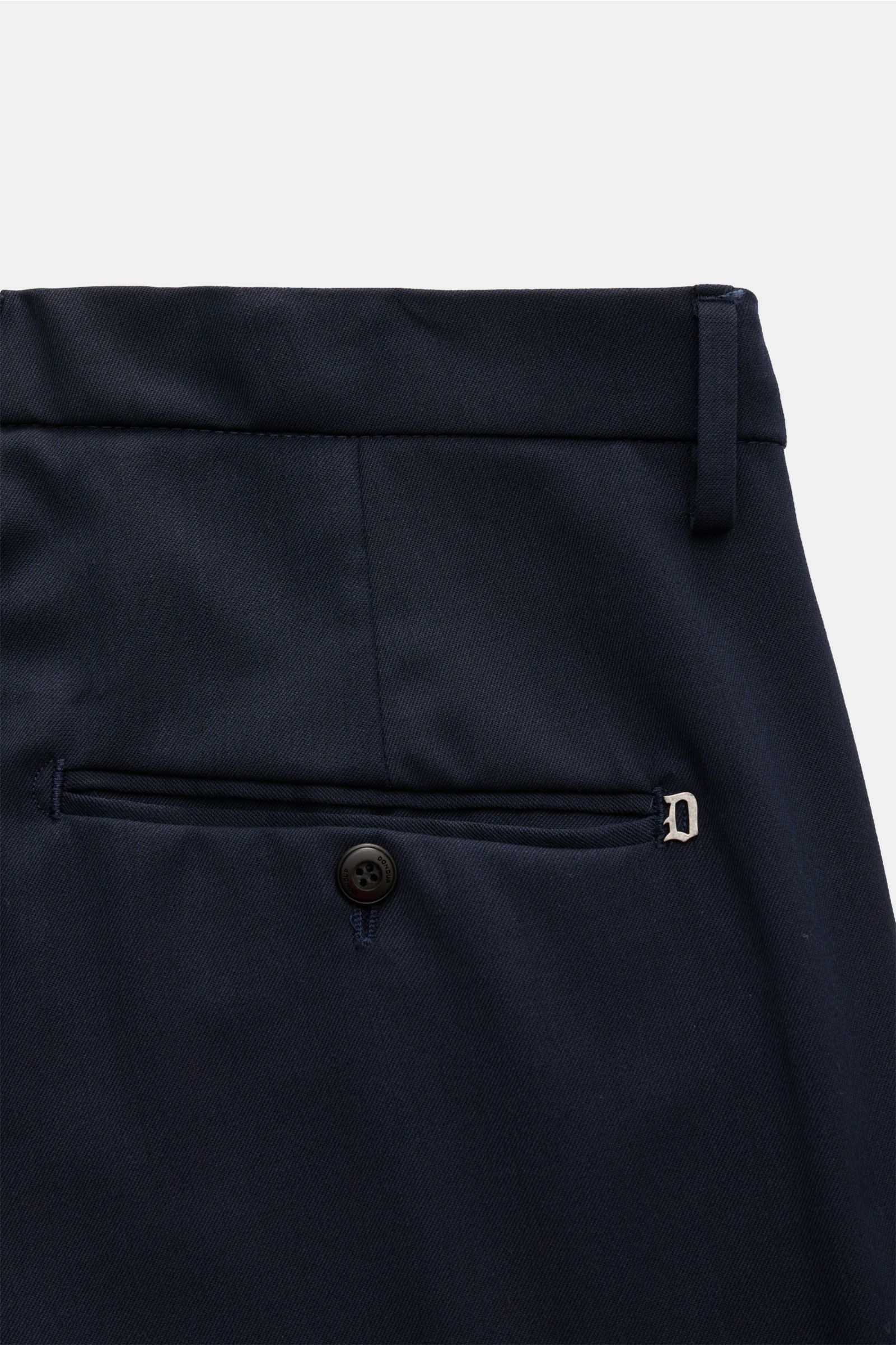 Close-up rear view of Dondup Hose 'Gaubert' navy, showing back pocket with button and typical metal 'D' initial, made from a mix of microfaser, wool, and viscose, featuring lightly elastic quality, soft touch, slim fit, narrow calf cut, zipper and slide b