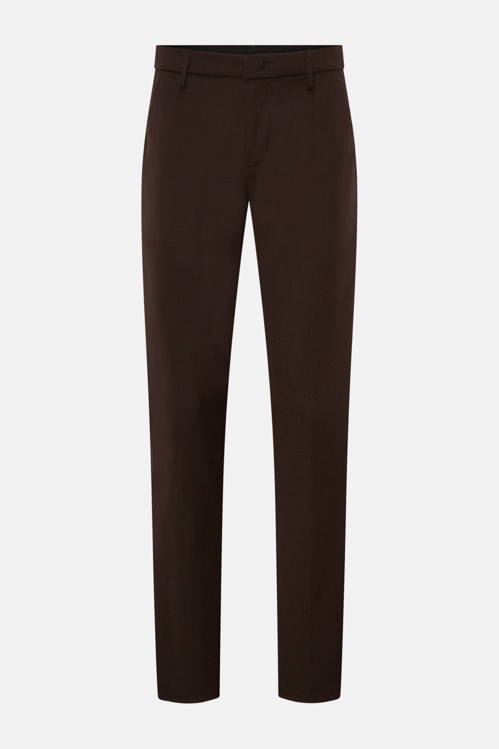 Front view of Dondup Hose 'Gaubert' dunkelbraun, slim fit pants made of a mix of microfiber, wool, and viscose with lightly elastic quality. Features soft touch, slim-cut calf, zipper and slide button, French pockets, back buttoned pockets, and typical me