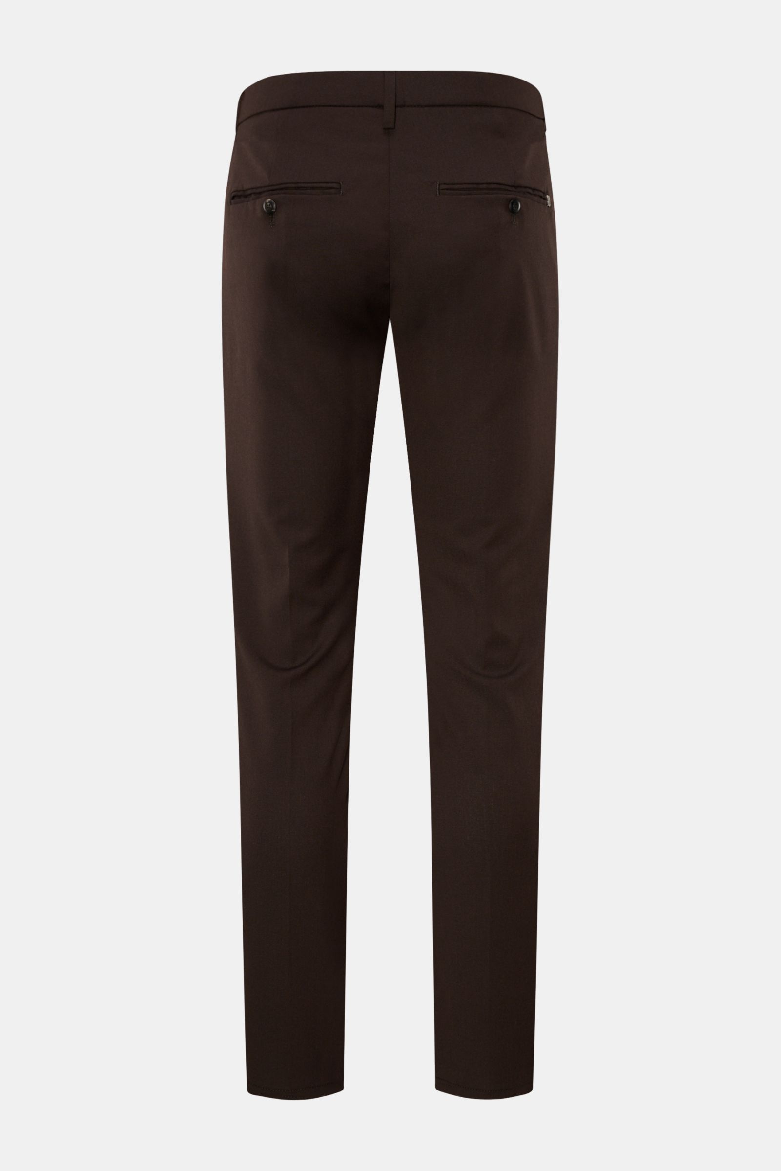 Rear view of Dondup Hose 'Gaubert' dunkelbraun, slim fit with a narrow calf, made of a mix of microfiber, wool, and viscose. Features include a soft touch, lightly elastic quality, zipper and slide button, French pockets, buttoned back pockets, and a typi