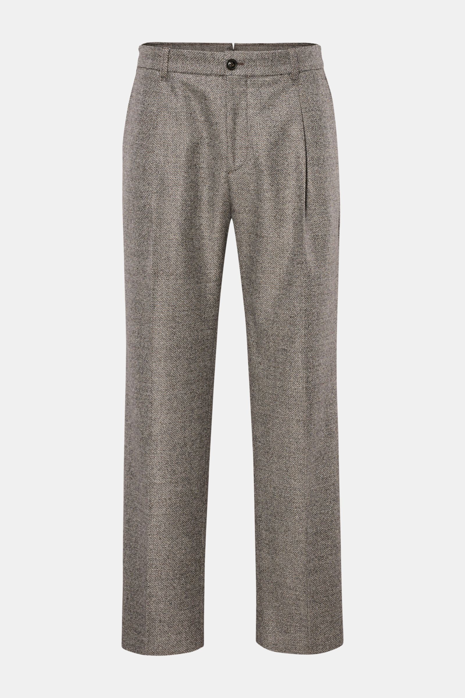 Front view of Windsor Wollhose 'Francos' braun/hellgrau gemustert, a stylish men's tapered wool trouser with fine weave, soft feel, regular thigh width, ankle length, straight cut, zipper and button, single pleat, French pockets, and back pockets with but