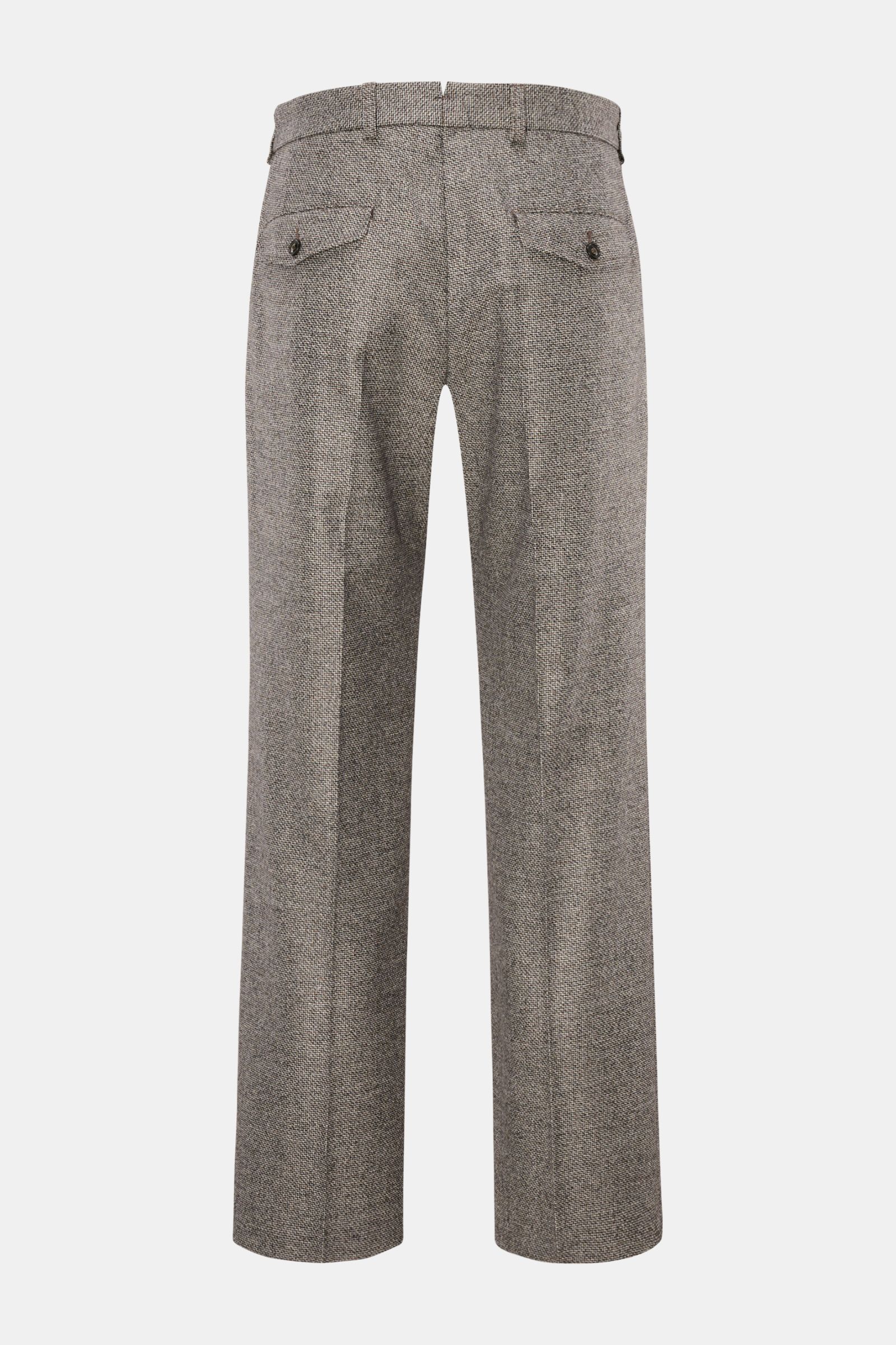 Rear view of Windsor Wollhose 'Francos' braun/hellgrau gemustert men's wool trousers with fine weave, tapered fit, buttoned back pockets, and belt loops. 

Description: Den Inbegriff einer stilvollen Herrenhose mit klassischen Details hat das Haus WIND