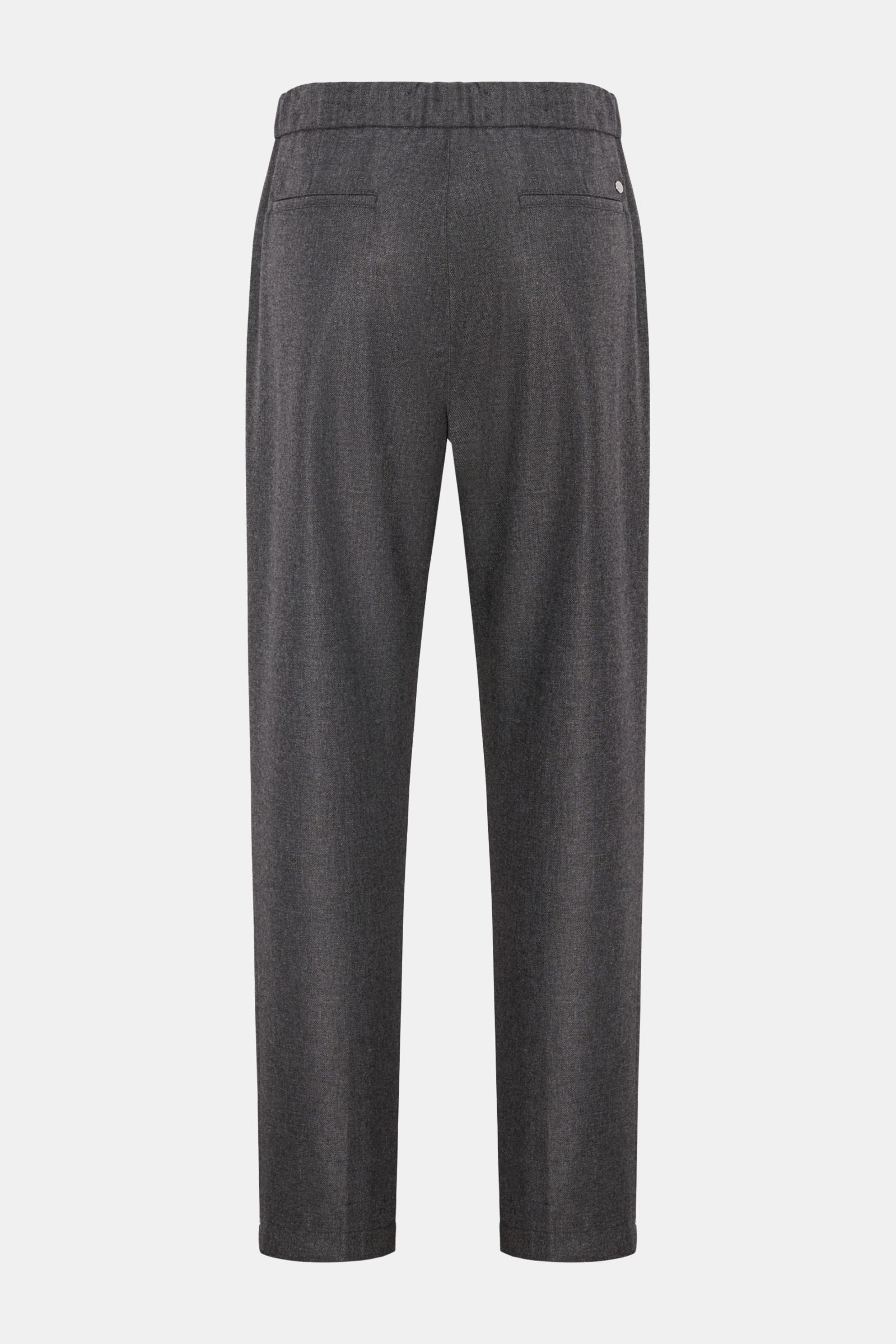 Closed Jogpants 'Vigo' dunkelgrau meliert, Rückansicht, knöchellang, schmal zulaufend, hochwertiger Wollmix mit Microfaser und Viskose, elastischer Bund mit Tunnelzug, Bundknopf, Reißverschluss, Taschen vorne französisch, hinten Leistentaschen, weicher Gr
