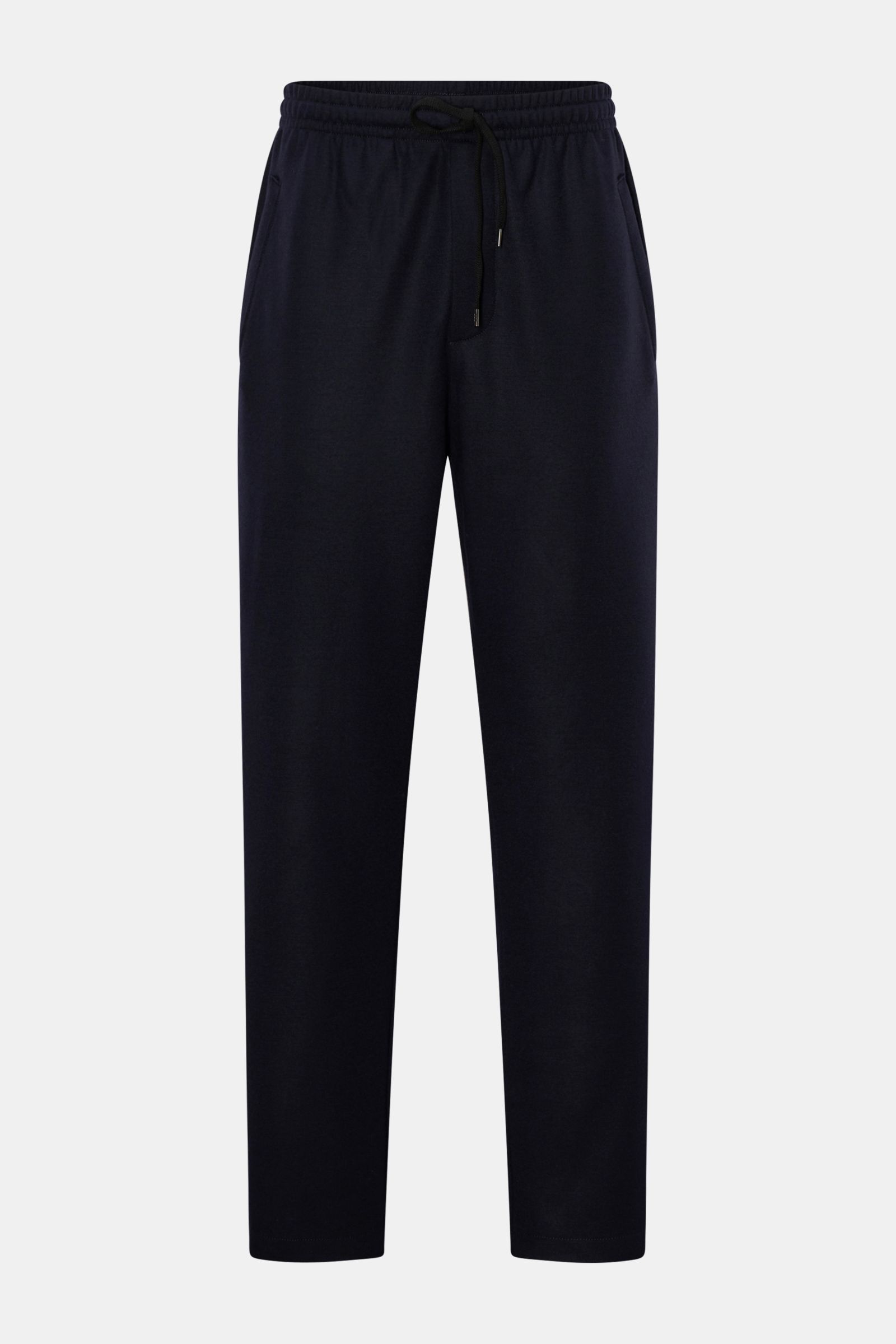 Harris Wharf London Merino Jogpants navy, frontal ausgeleuchtet, aus superfeiner Merinowolle, Jersey, Regular Fit, hoher Bund, elastischer Tunnelzug, Reißverschluss, französische Taschen, paspelierte Gesäßtasche, kurz und schmal zulaufend.