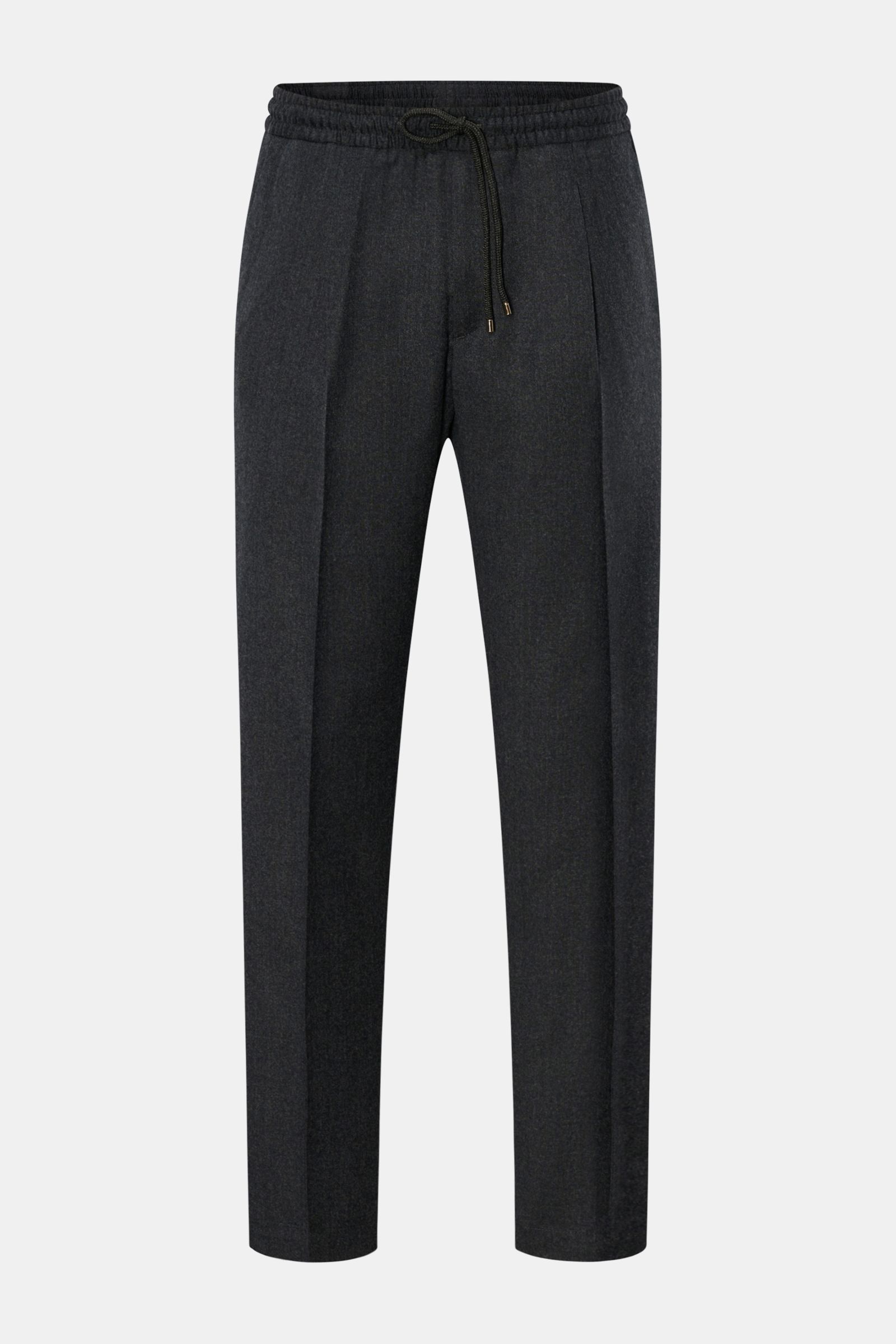 Briglia 1949 Woll-Jogpants 'Wimbledon' dunkelgrau meliert, frontale Ansicht, Tapered Fit, reine Wolle, elastischer Bund, französische Taschen.