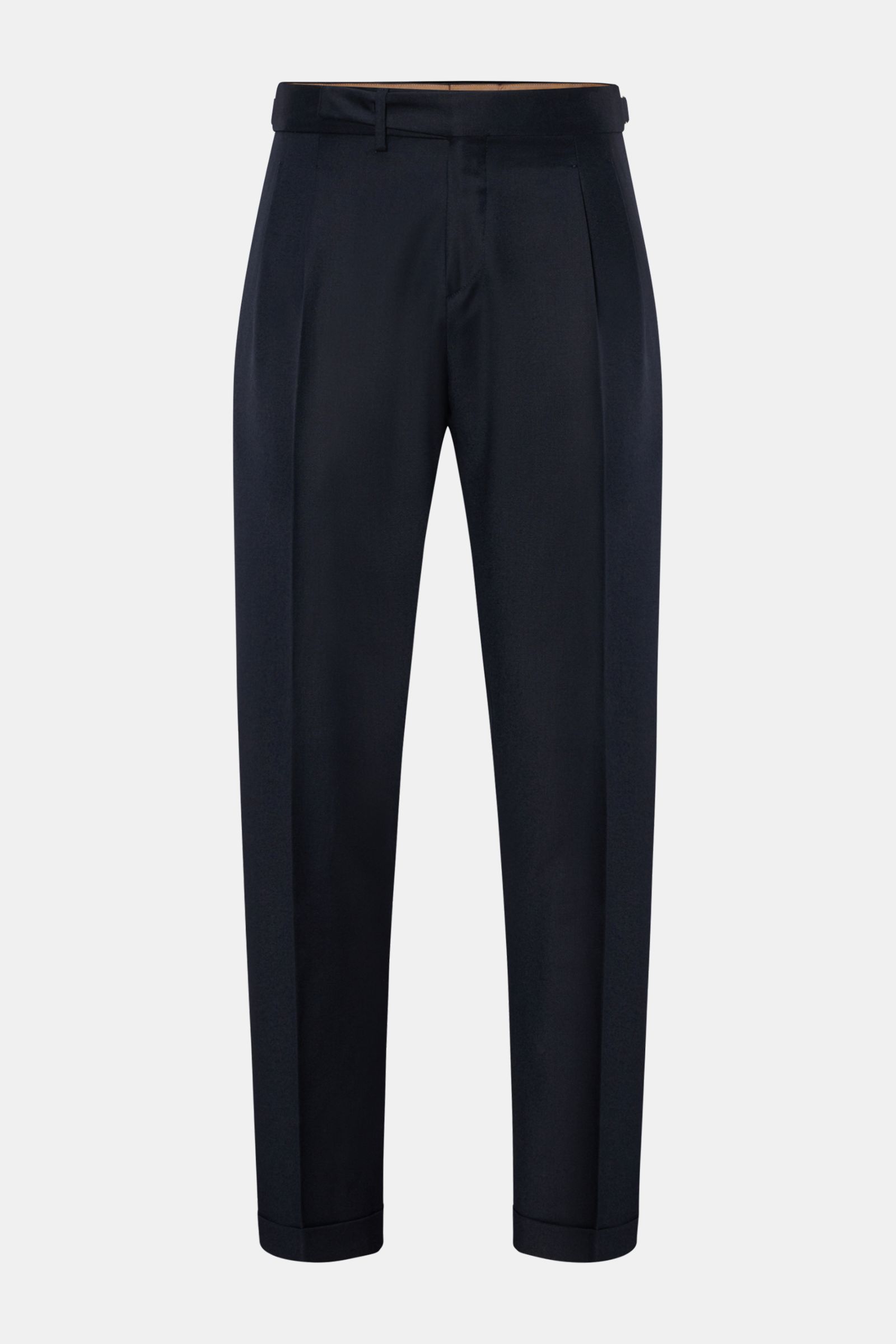 Briglia 1949 Wollhose 'Quarteris' navy, frontale Ansicht, Mix aus Wolle und Cashmere, weicher Griff, leichte Qualität, tapered Fit, knöchellang, Bundknöpfe, Reißverschluss, Side-Adjuster, doppelte Bundfalte, französische Taschen, Gesäßtaschen mit Patte, f