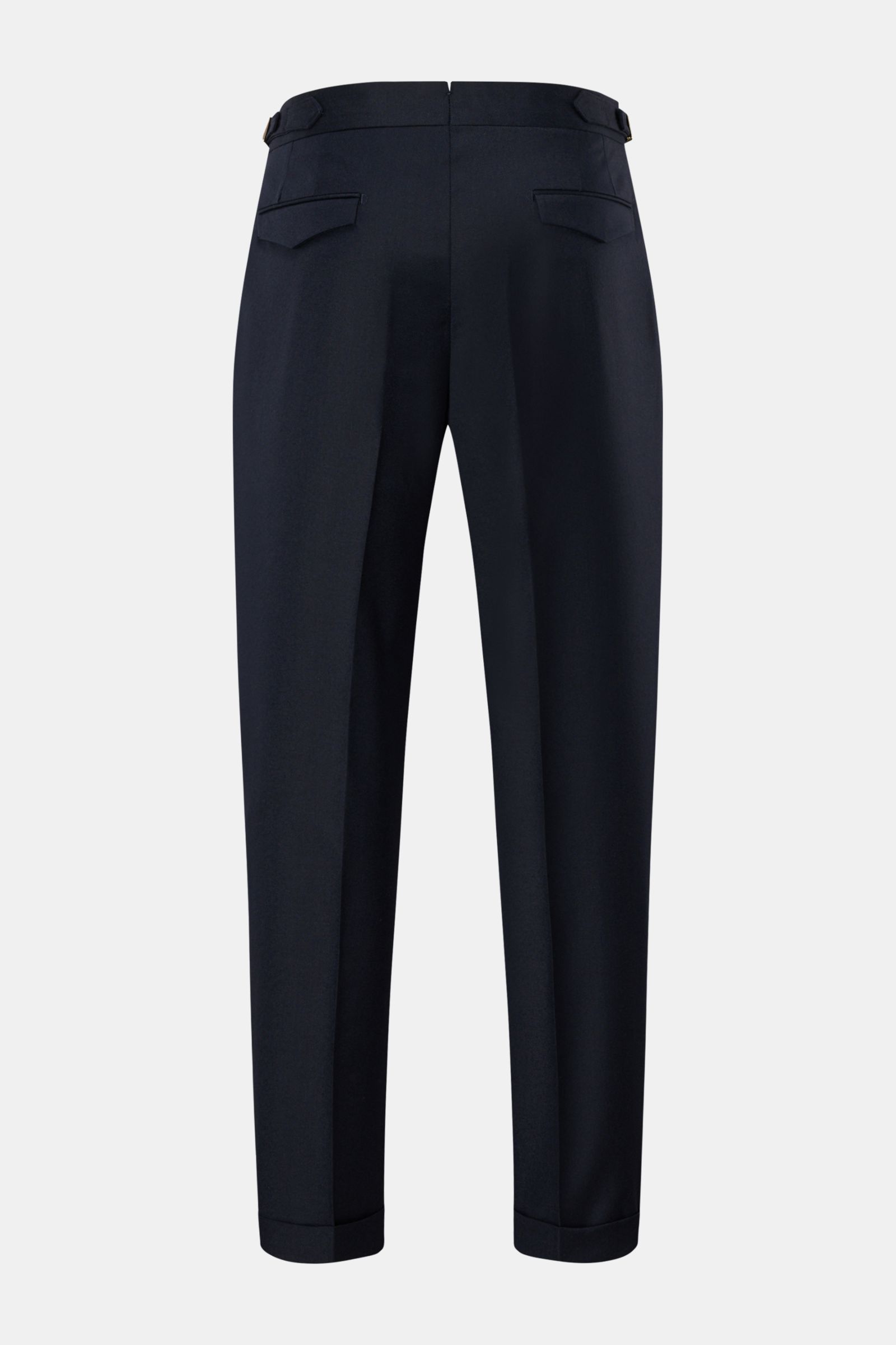 Briglia 1949 Wollhose 'Quarteris' navy, Rückansicht, knöchellang, tapered Fit, aus weichem Wolle-Cashmere-Mix, mit Bundknöpfen, Reißverschluss, Side-Adjuster und französischen Taschen.