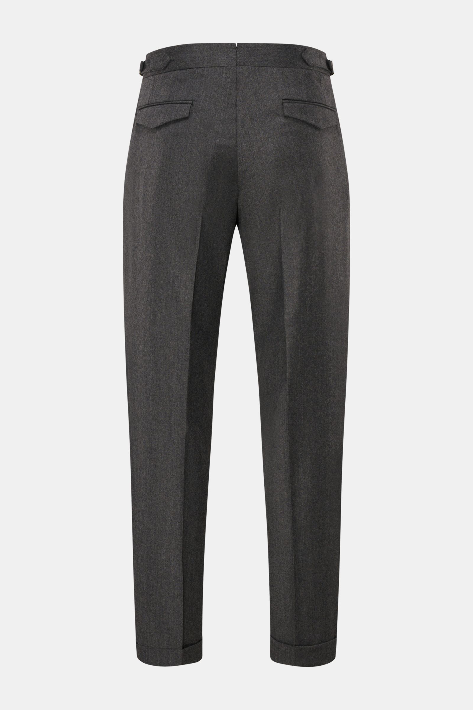 Briglia 1949 Wollhose 'Quarteris' dunkelgrau meliert, Rückansicht, knöchellang, schmal zulaufend, Mix aus Wolle und Cashmere, weicher Griff, leichte Qualität, Tapered Fit, reguläre Oberschenkelweite, Reißverschluss, Bundknöpfe, Side-Adjuster, doppelte Bun