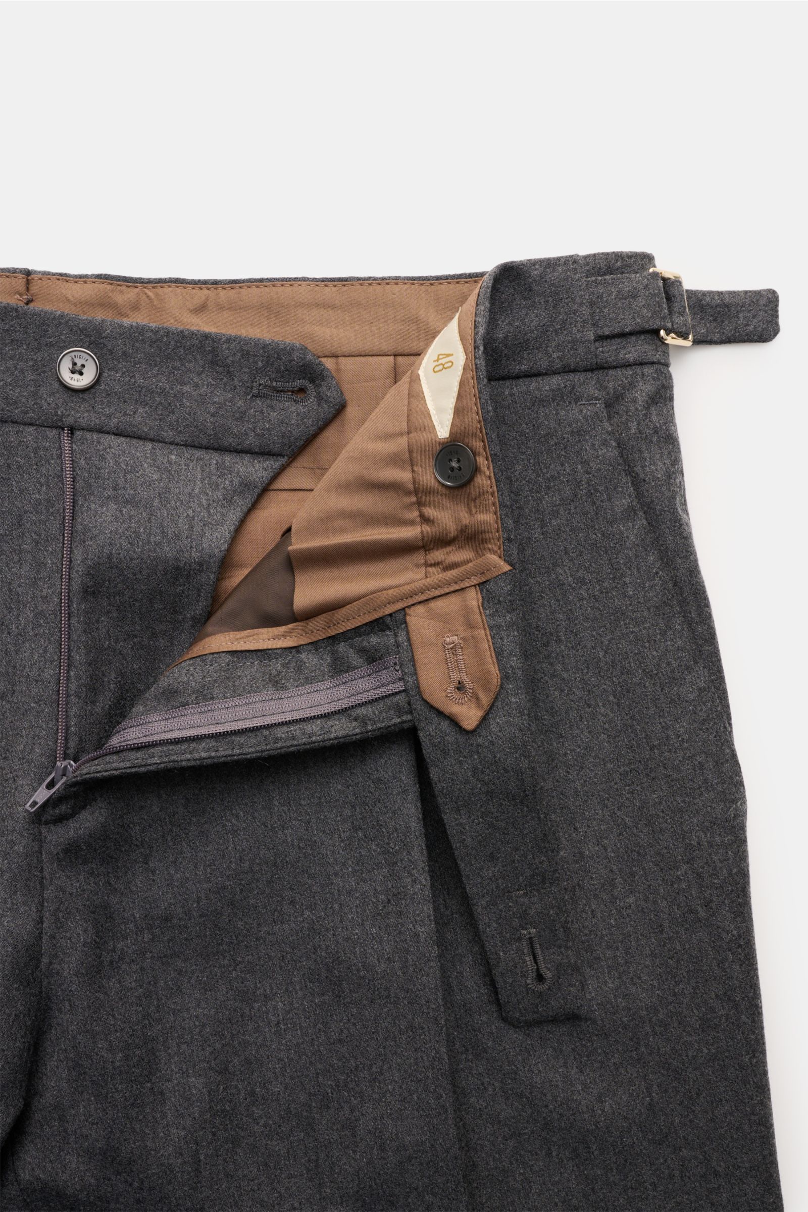 Briglia 1949 Wollhose 'Quarteris' dunkelgrau meliert, Detailfoto von oben, weicher Griff, Mix aus Wolle und Cashmere, Tapered Fit, Side-Adjuster.