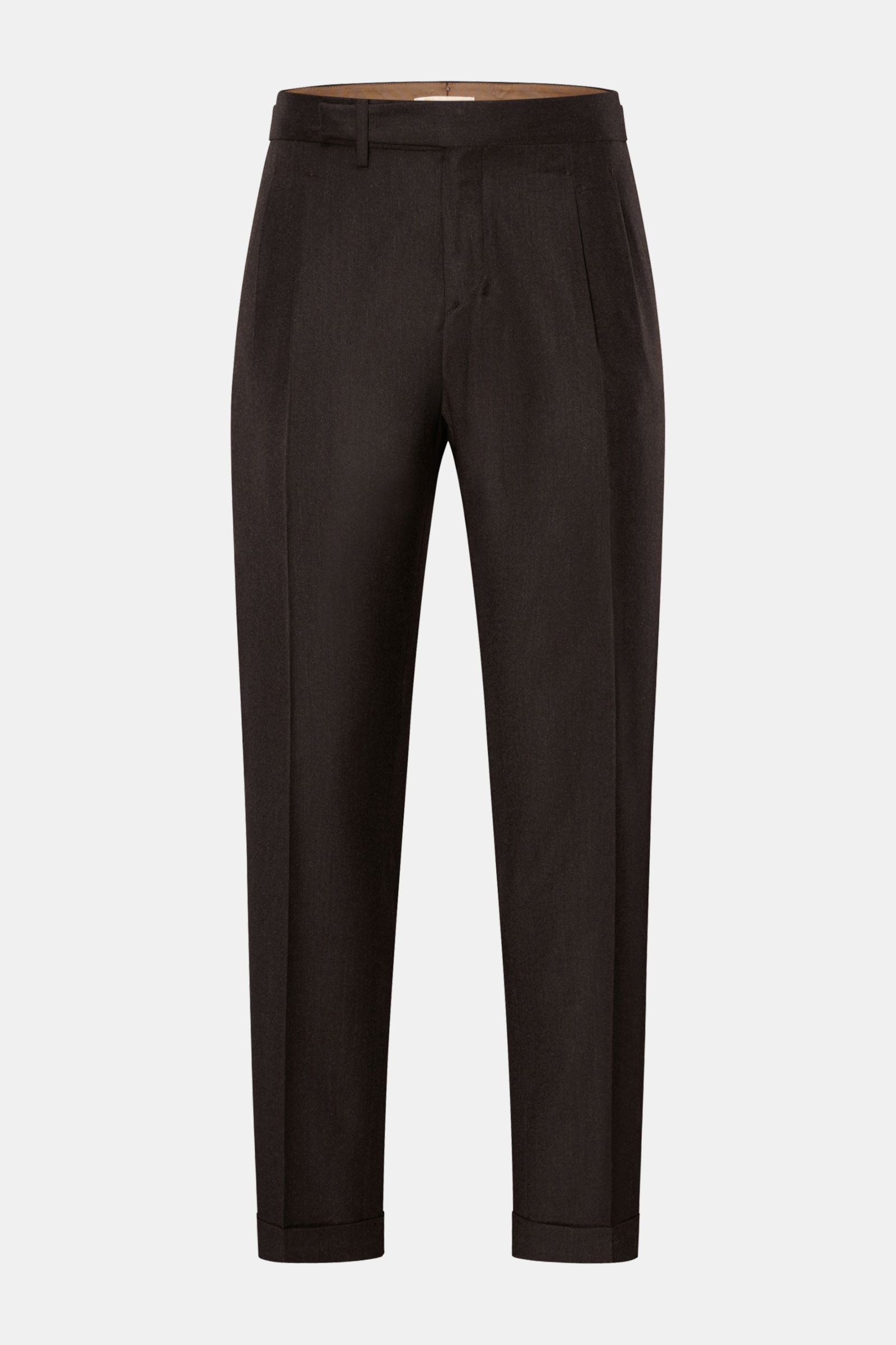 Briglia 1949 Wollhose 'Quarteris' dunkelbraun meliert, frontale Ansicht, Mix aus Wolle und Cashmere, weicher Griff, leichte Qualität, tapered Fit, reguläre Oberschenkelweite, knöchellang, schmal zulaufend, Reißverschluss, Bundknöpfe, Side-Adjuster, doppel