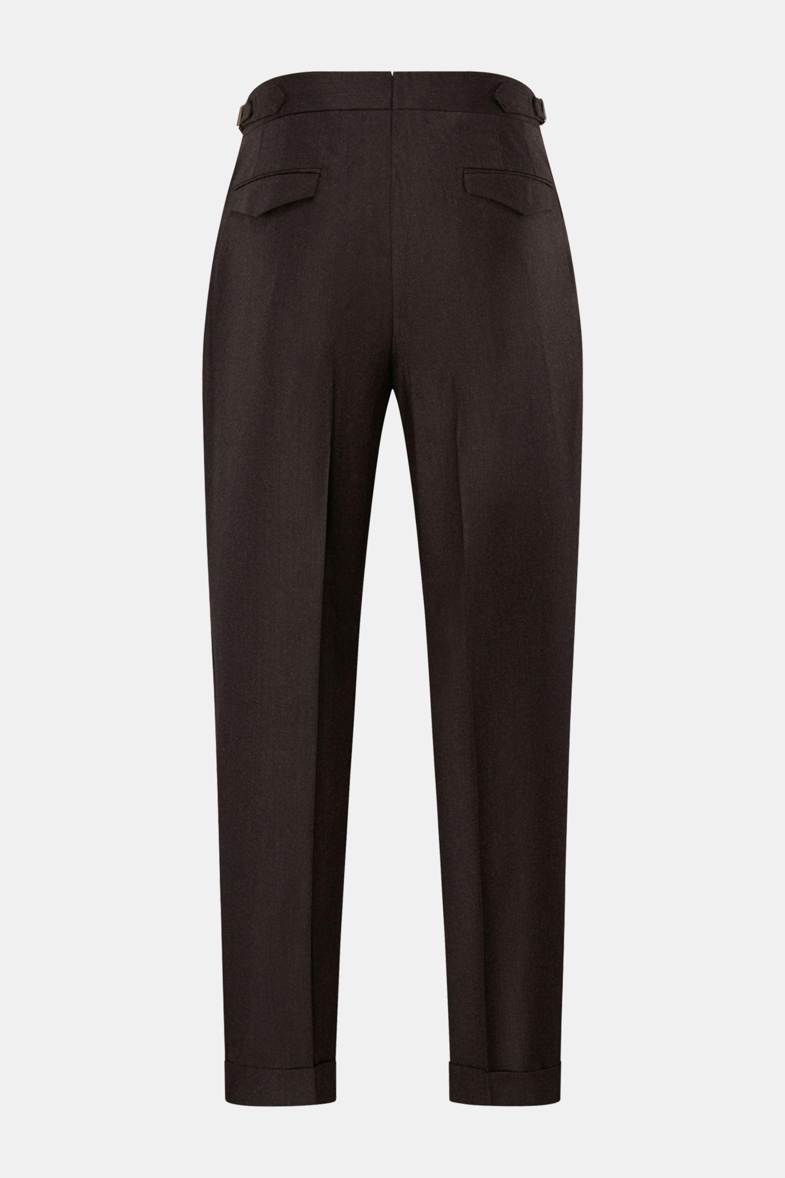 Briglia 1949 Wollhose 'Quarteris' dunkelbraun meliert, Rückansicht, weicher Griff, Mix aus Wolle und Cashmere, tapered fit, knöchellang, Bundknöpfe, Side-Adjuster, Bundfalte, französische Taschen, Patten-Gesäßtaschen, fixierter Saumaufschlag.