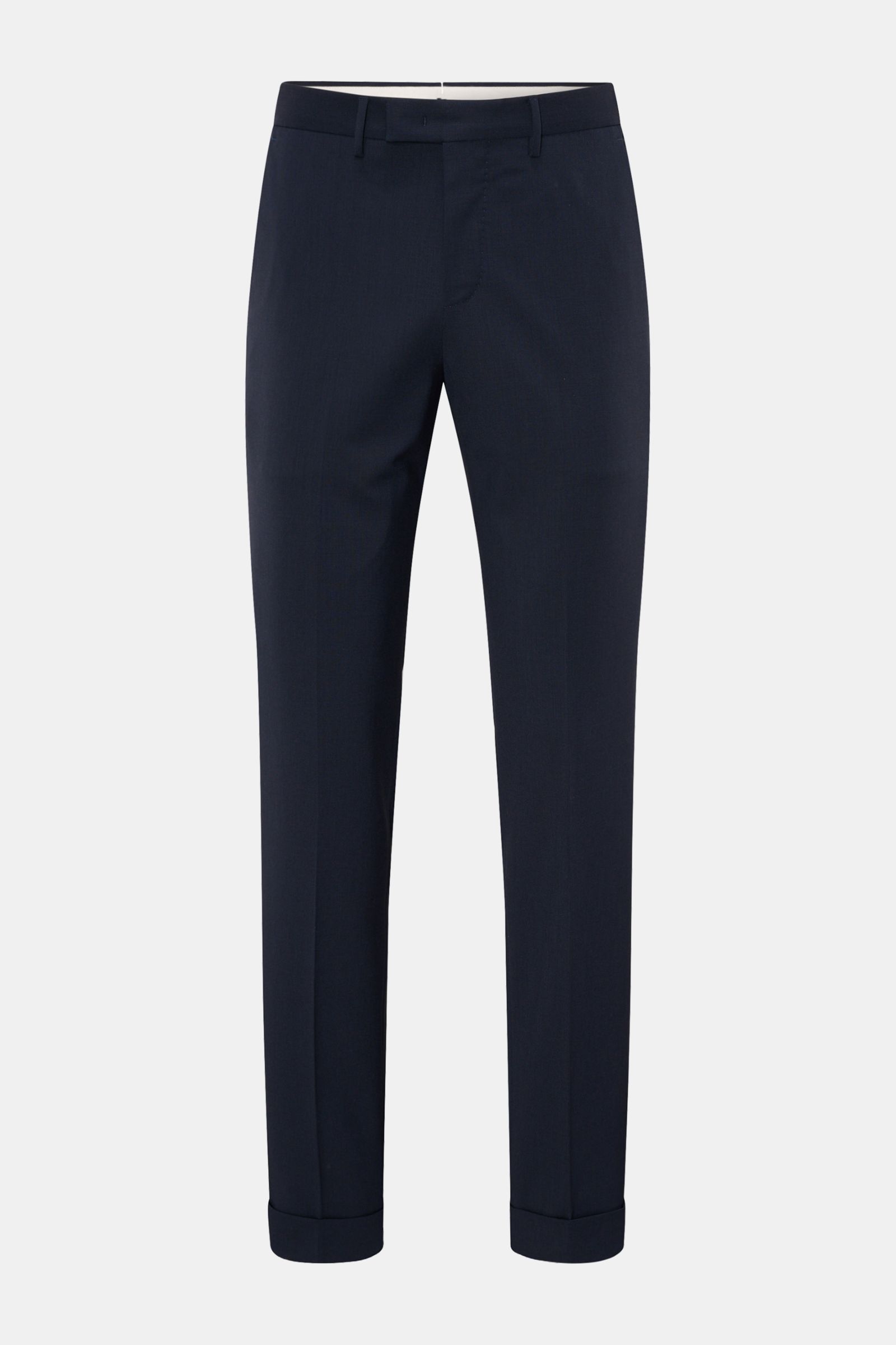 Front view of PT Torino Wollhose 'Master Fit' navy, tapered fit wool trousers with stretch, twill fabric, fixed cuff, zipper, hook, French and back pockets.