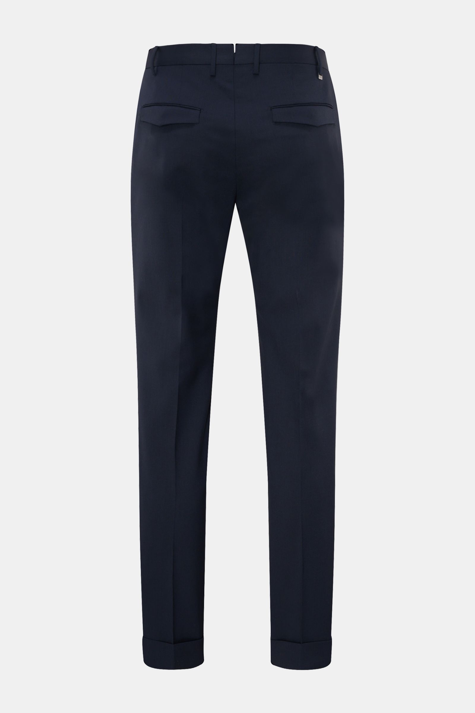 Back view of PT Torino Wollhose 'Master Fit' navy, a tapered fit wool office trouser with fixed hem cuffs, elastic quality, French pockets, and concealed buttoned back pockets. Made of soft twill wool with zip and hook closure, regular thigh width, and an