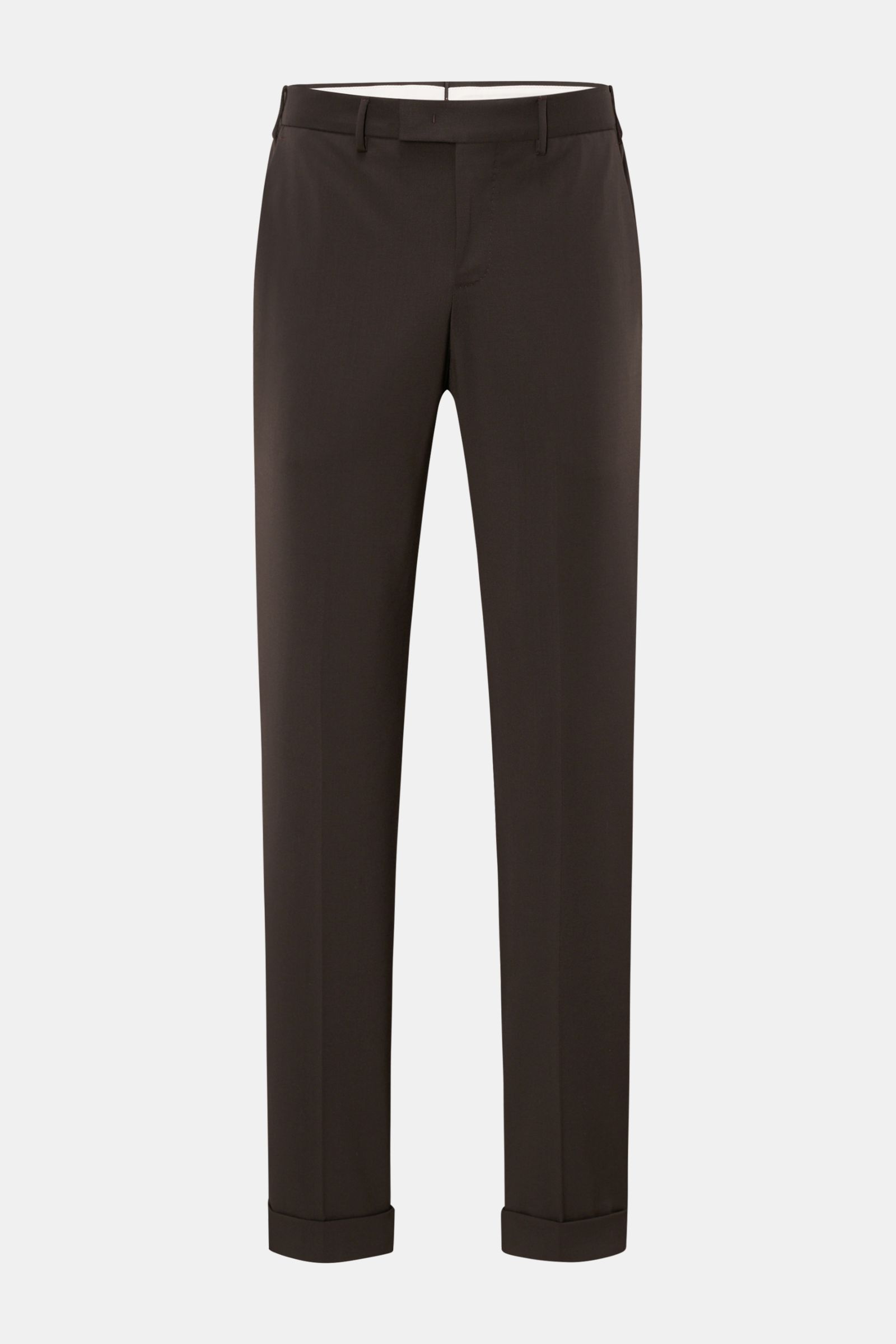 PT Torino Wool trousers 'Master Fit' dark brown shown from front, ankle-length tapered fit with fixed hem turn-ups, zip and hook fastener, French and back pockets with concealed button flap, made of soft, elasticated virgin wool twill for stylish, comfort