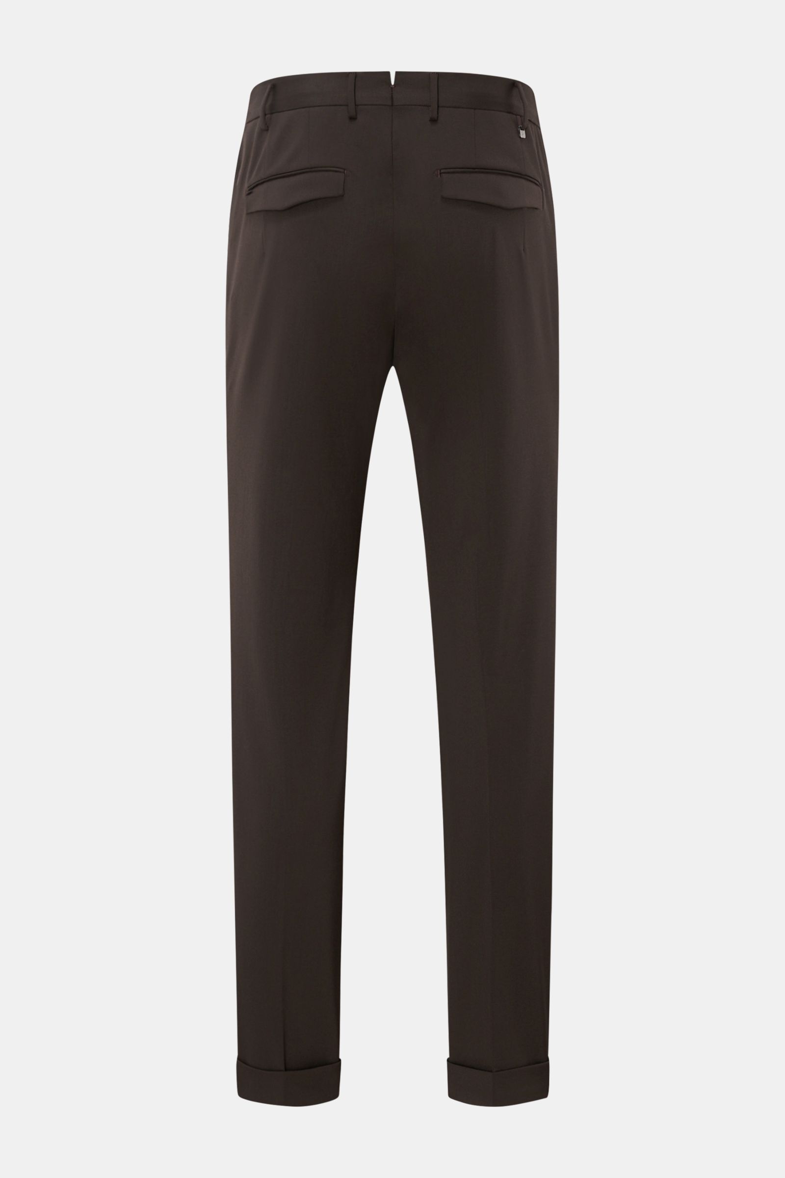 Rear view of PT Torino Wool trousers 'Master Fit' dark brown in virgin wool twill with tapered fit, fixed hem turn-ups, and concealed button flap pockets. 

Description: The trousers 'Master Fit' by PT TORINO are a stylish and comfortable office piece 