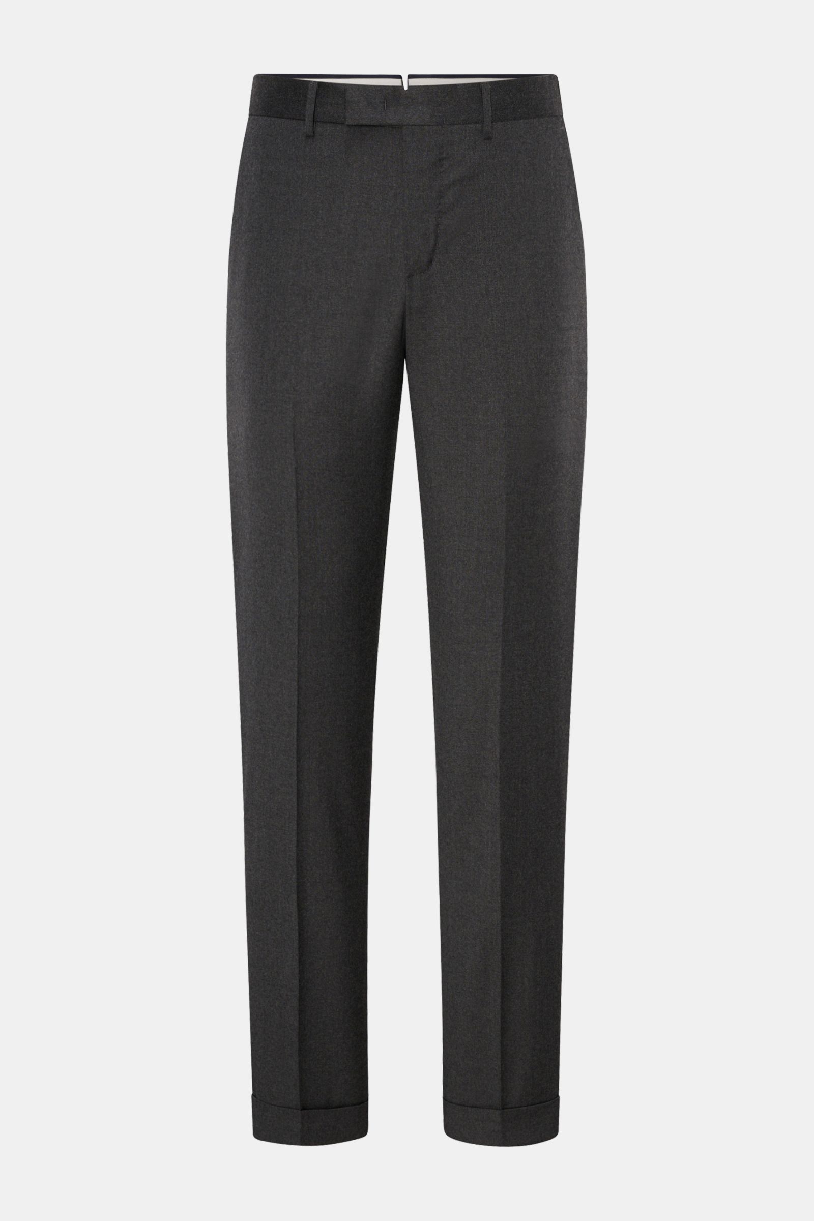 PT Torino Wollhose 'Master Fit' dunkelgrau, frontal fotografiert, aus reiner Schurwolle, Regular Fit, fixierter Saumaufschlag, französische Taschen.