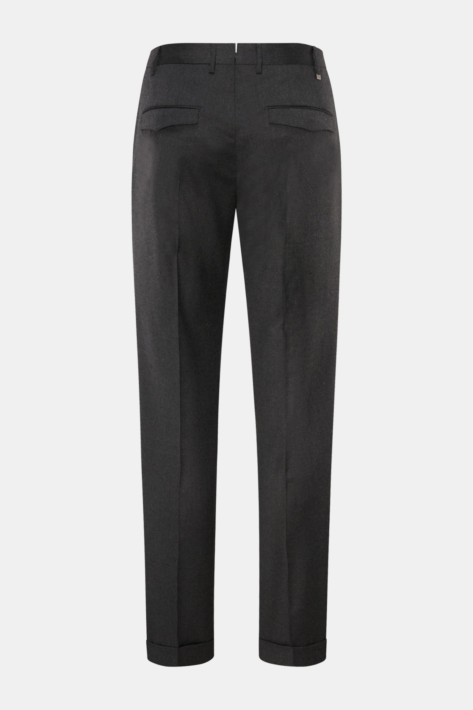 PT Torino Wollhose 'Master Fit' dunkelgrau, Rückansicht, aus reiner Schurwolle, Regular Fit, mit fixiertem Saumaufschlag und verdeckten Gesäßtaschen.