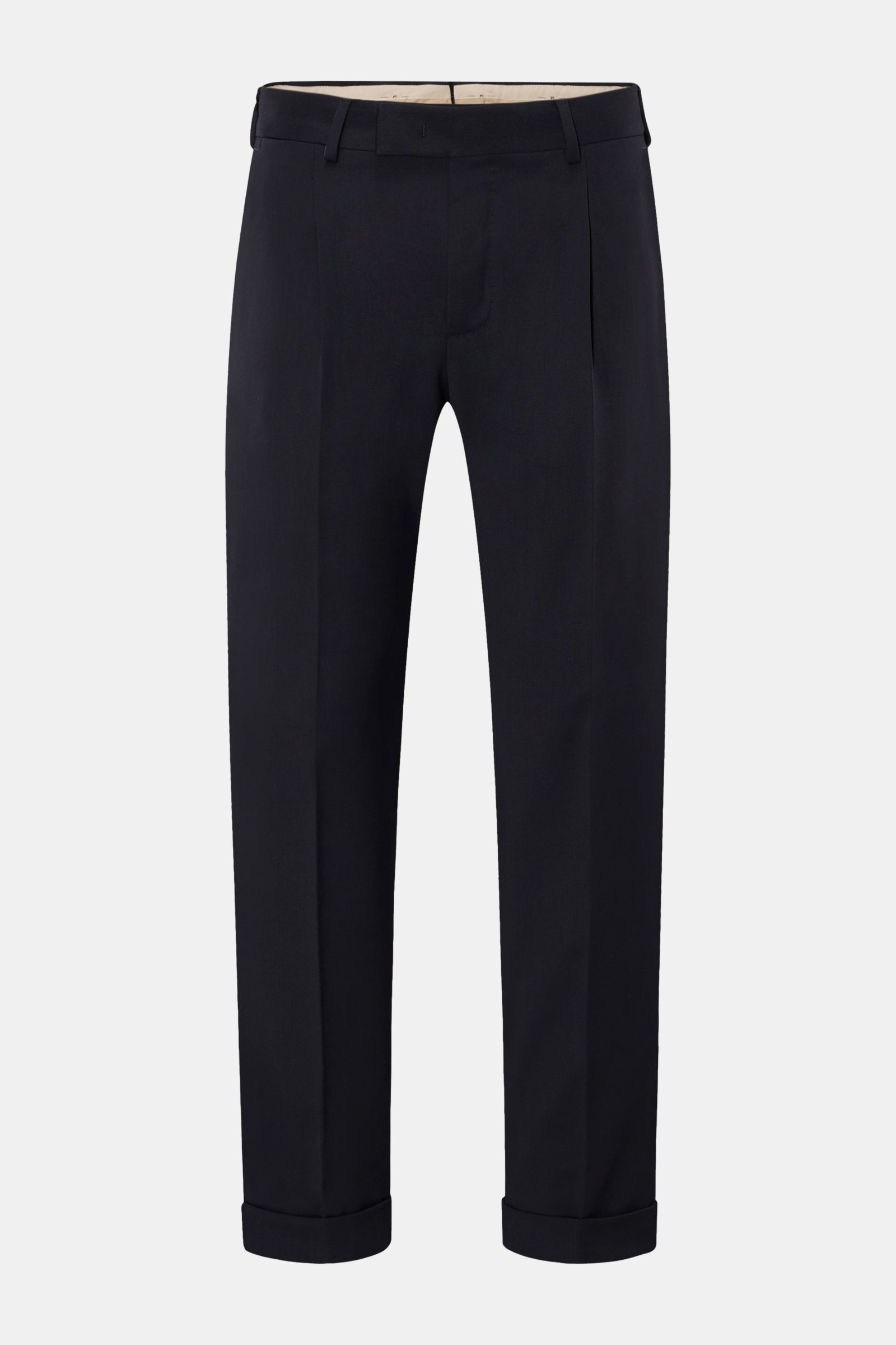 Front view of PT Torino Hose 'Rebel Fit' navy, twill from microfiber and wool, lightly elastic, slightly textured, Rebel Fit (Tapered Fit), regular thigh width, ankle length, zipper and hook closure, single front pleat, small watch pocket, French pockets,