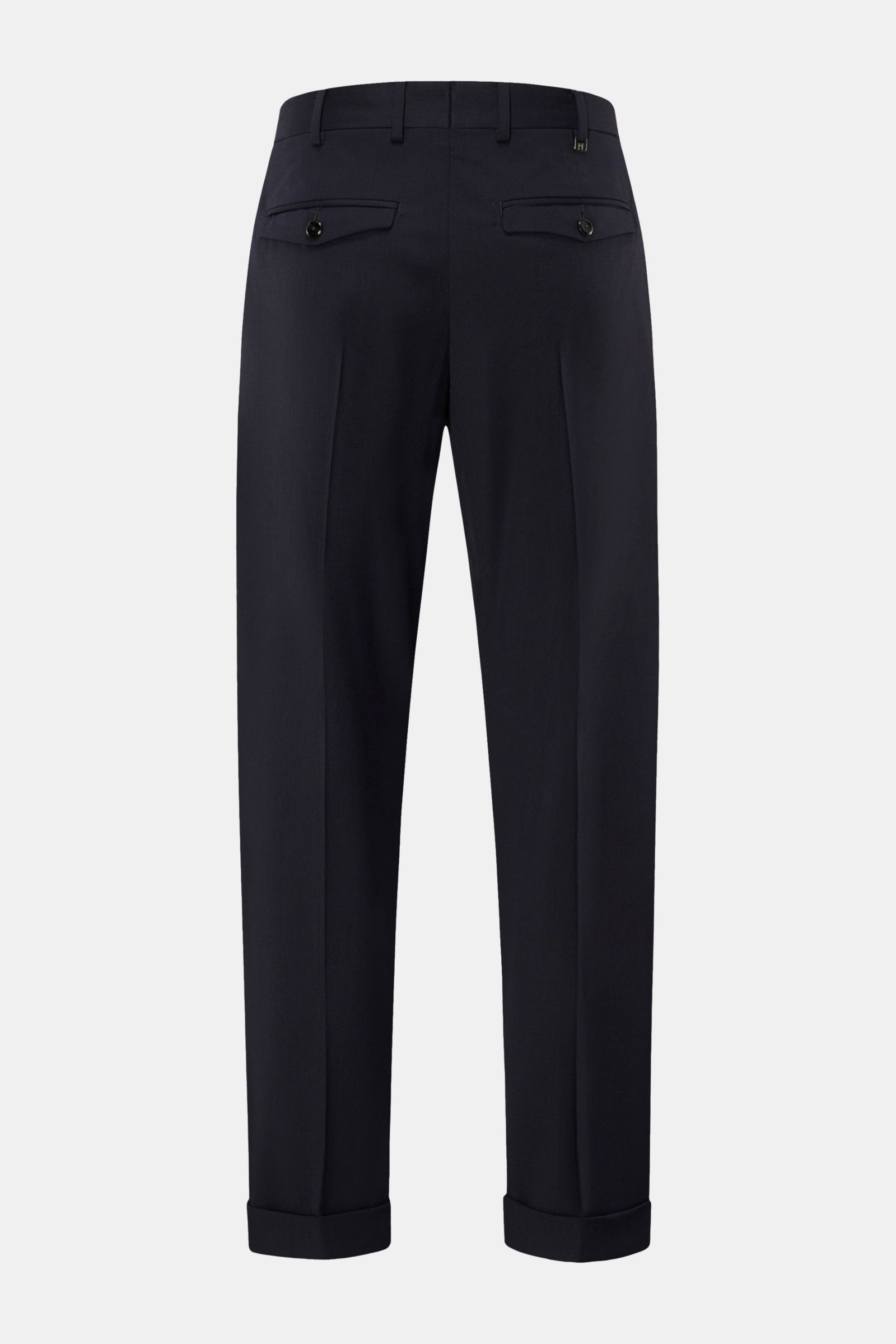 Back view of PT Torino Hose 'Rebel Fit' navy pants made of twill microfiber and wool with Rebel Fit, regular thigh width, ankle length, buttoned back pockets, and fixed cuffs. Features: twill aus Microfaser und Wolle, leicht elastische Qualität, leicht gr